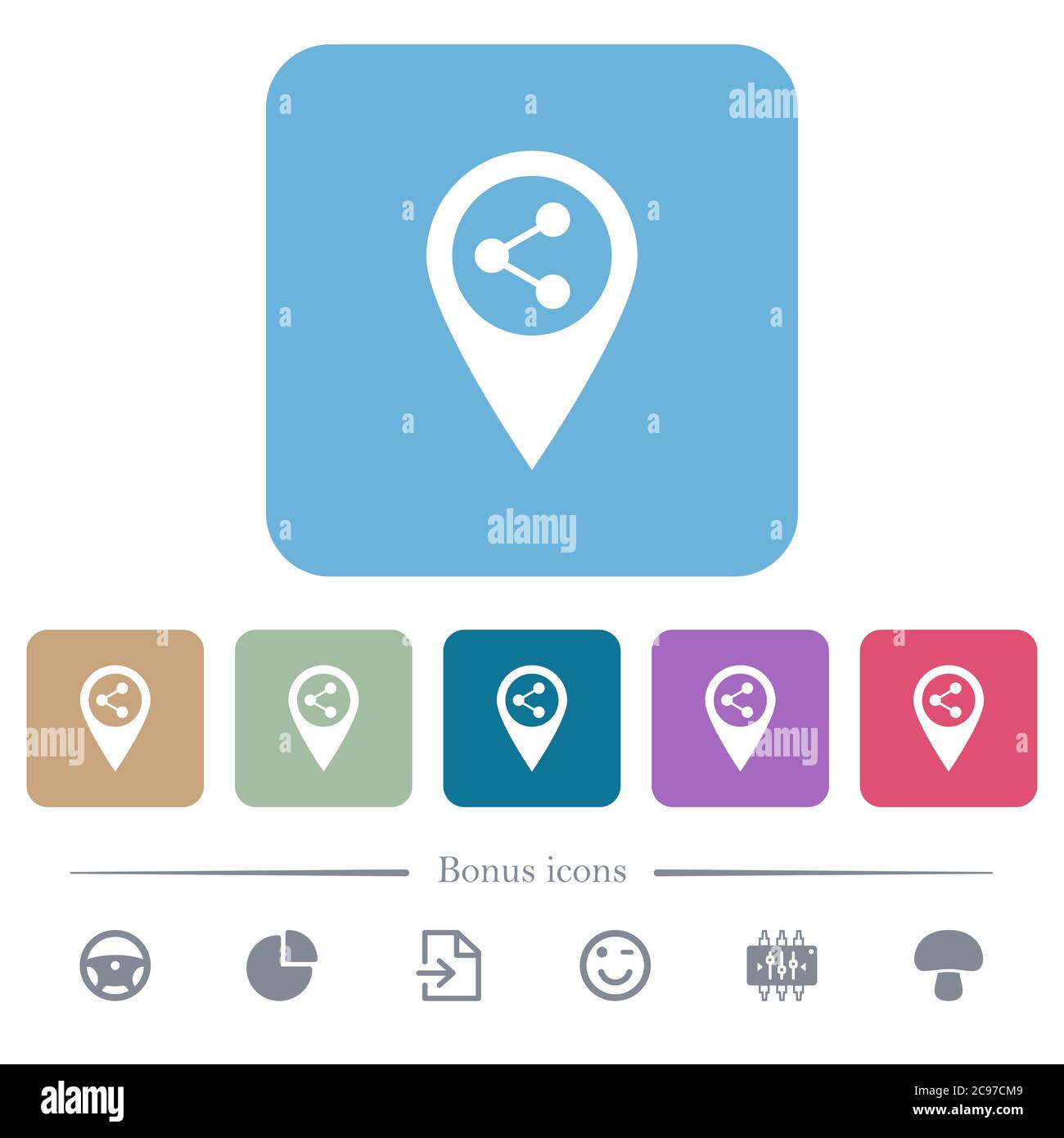 Share GPS map location white flat icons on color rounded square ...