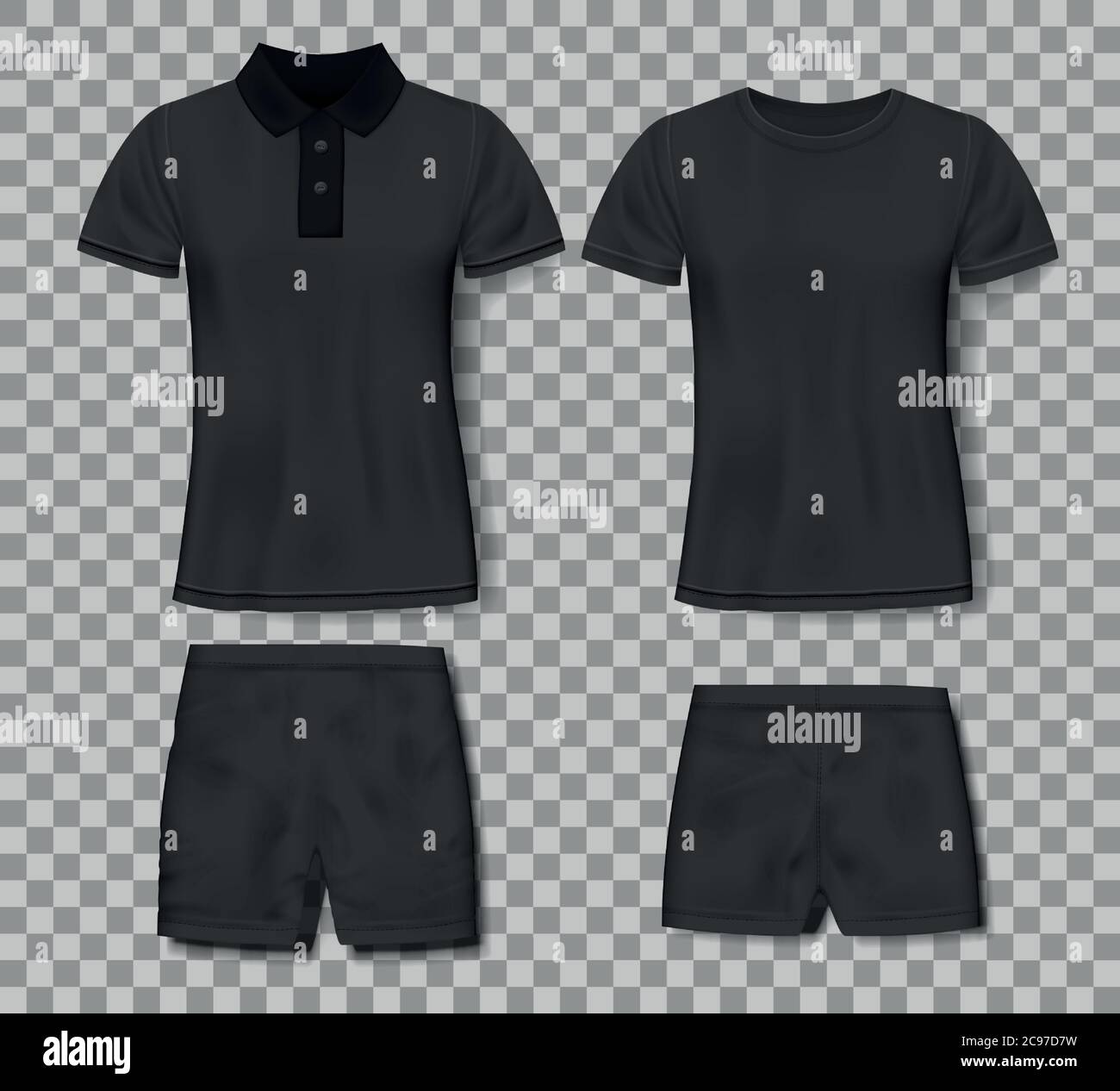 Black realistic slim male polo shirt and sport shorts design template. Set of t-shirts for sport, men classic polo. Vector illustration Stock Vector
