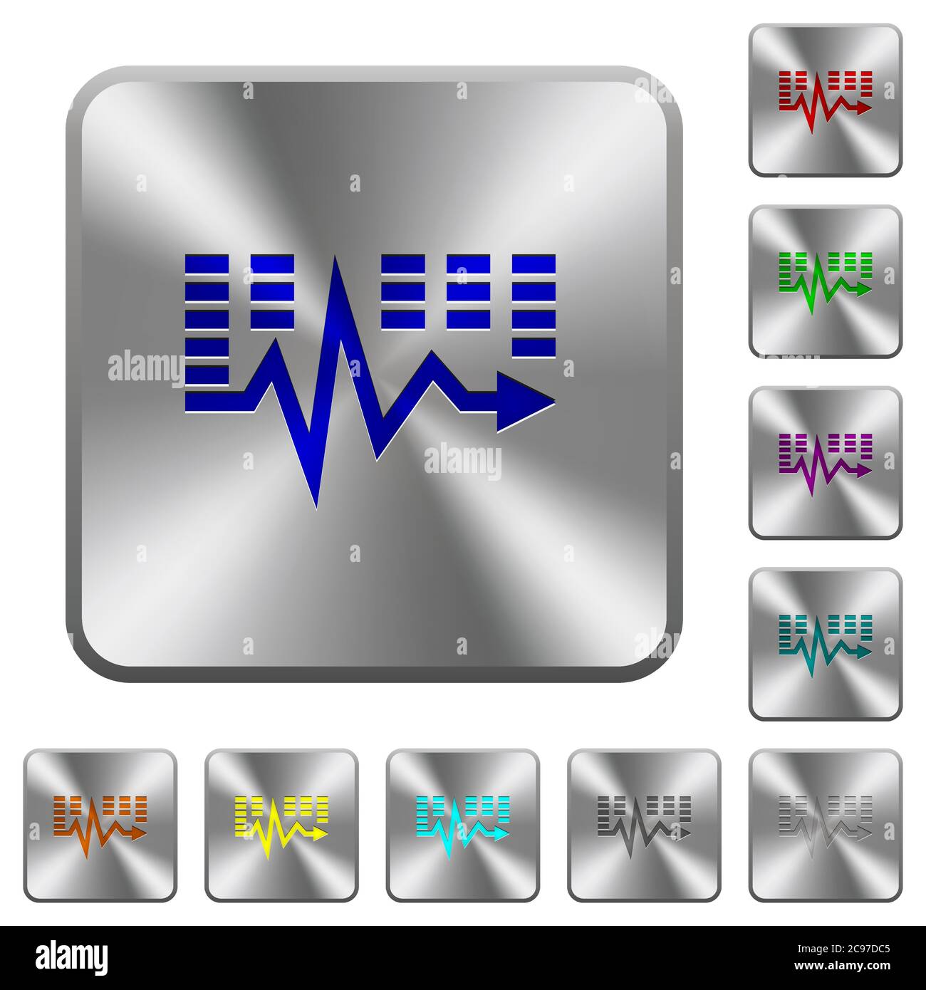 Music waves engraved icons on rounded square glossy steel buttons Stock Vector