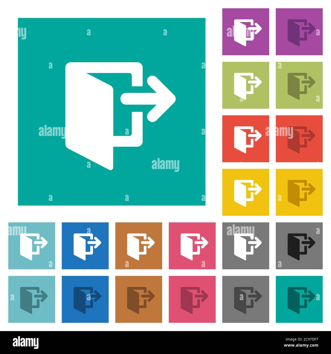 Exit multi colored flat icons on plain square backgrounds. Included white and darker icon variations for hover or active effects. Stock Vector