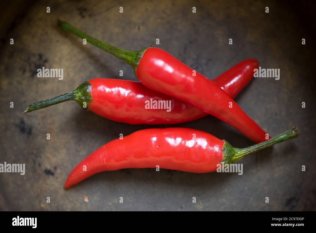 Three hot chilli peppers on a dark background Stock Photo