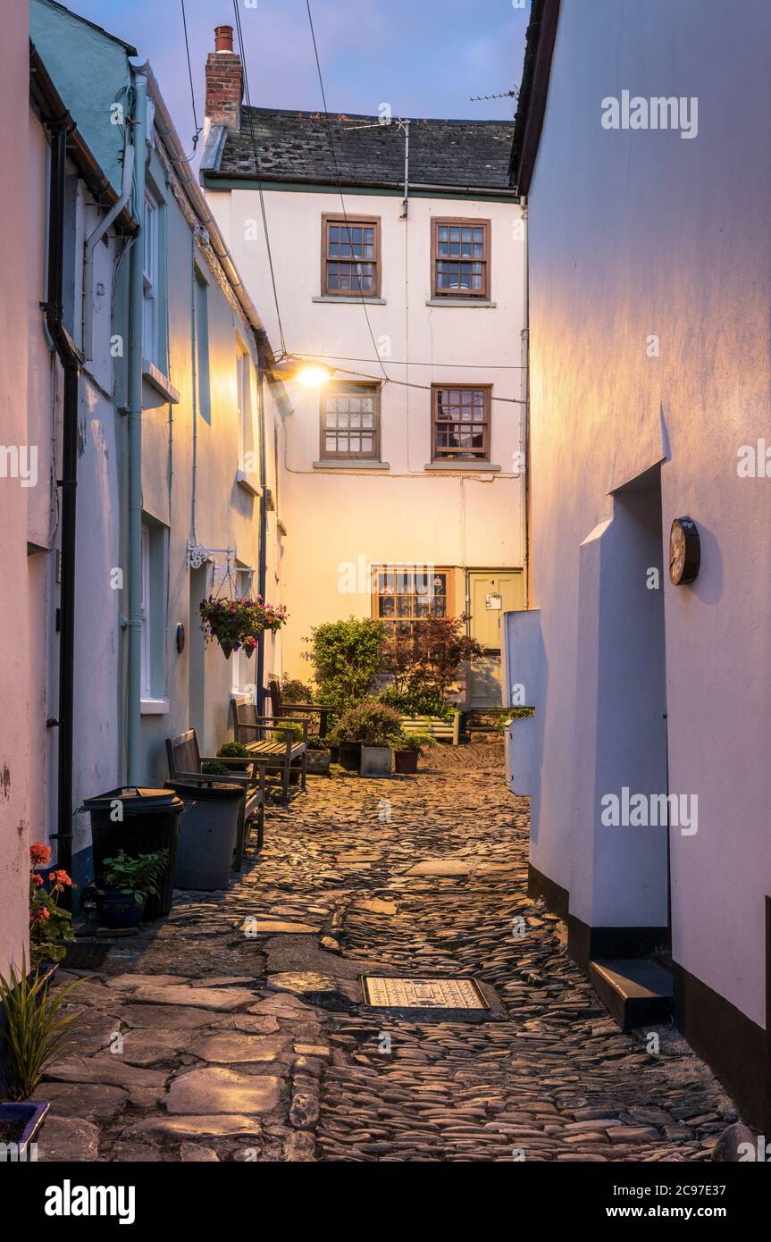 Darracotts Court - One of several quaint little cobbled courtyards that are dotted around the small North Devon coastal village of Appledore. Stock Photo
