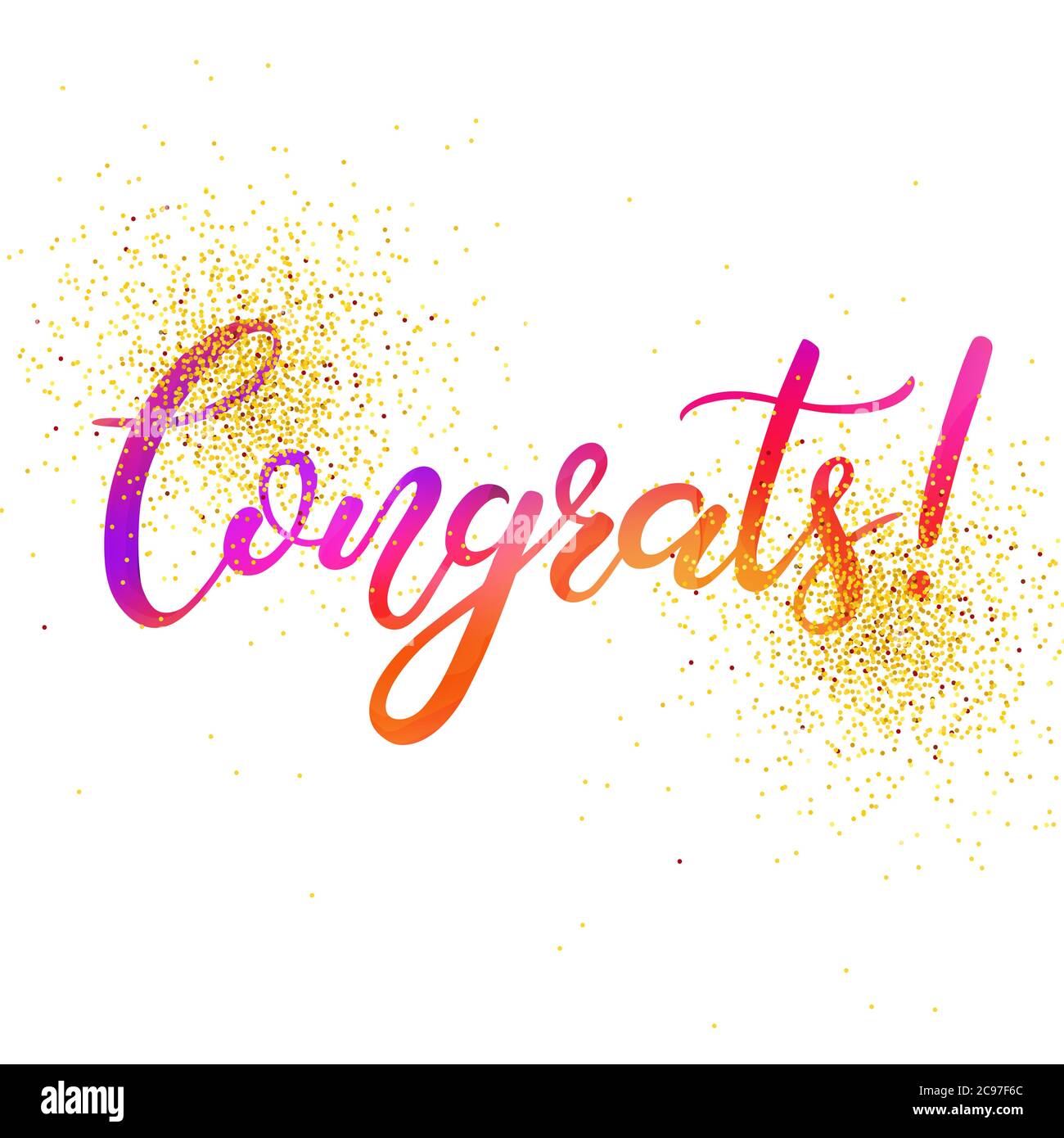 Congrats! brush calligraphy hand lettering in pink, orange and purple with golden glitter on a white background. Drawn art sign. Template for banner, poster, flyer, greeting card, web design. Stock Vector