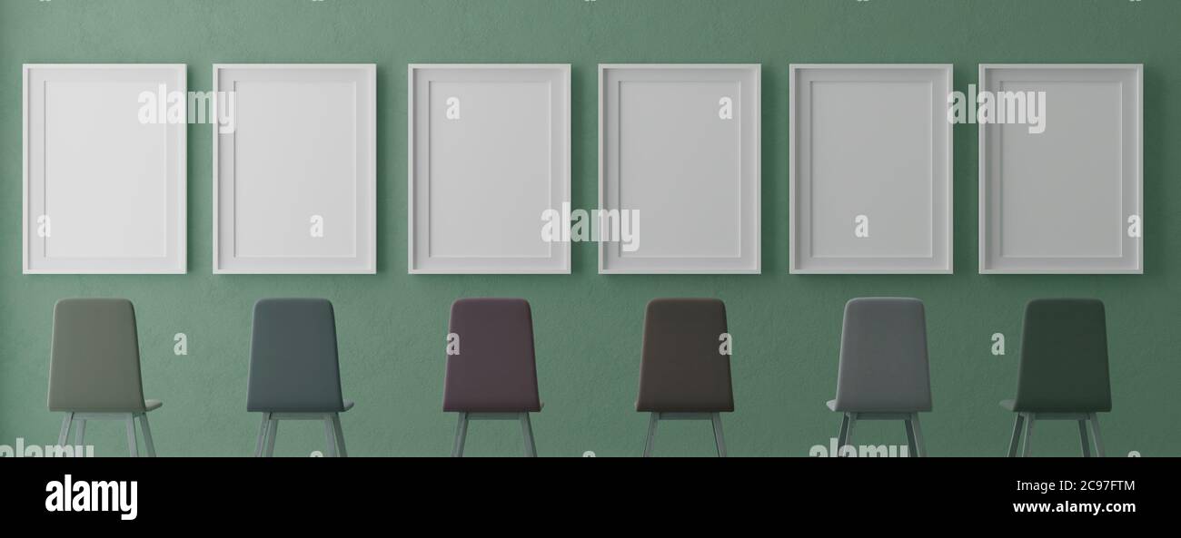 Four vertical white frame mock up, wooden frame and chairs on green wall, 3d illustration Stock Photo