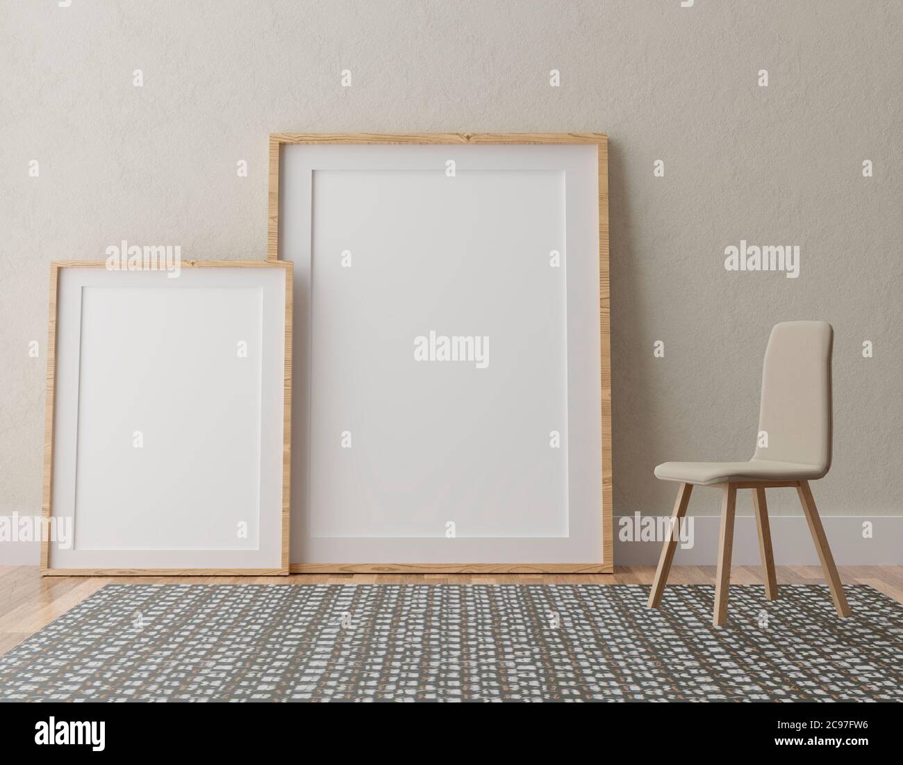 Two vertical white frame mock up, white frame on beige wall, 3d illustration Stock Photo