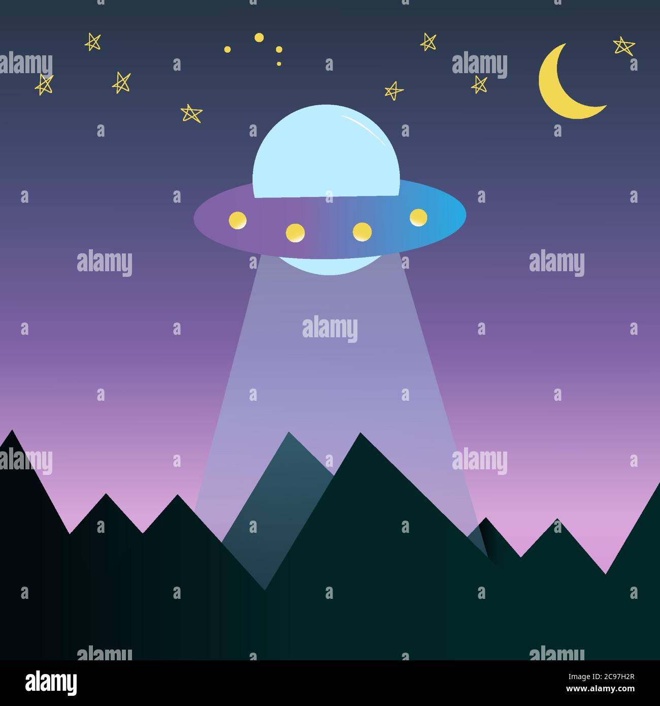 Flying saucer above the ground. Aliens flew to Earth to steal people for experiments template vector illustration Stock Vector