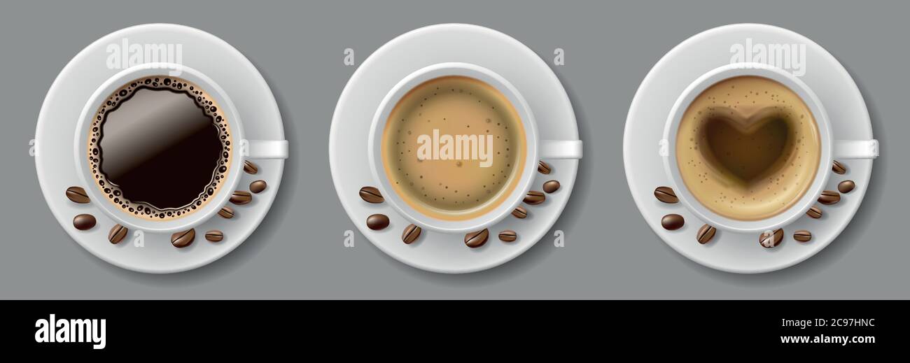 Set of coffee mug top view with coffee beans. Cappuccino espresso ...
