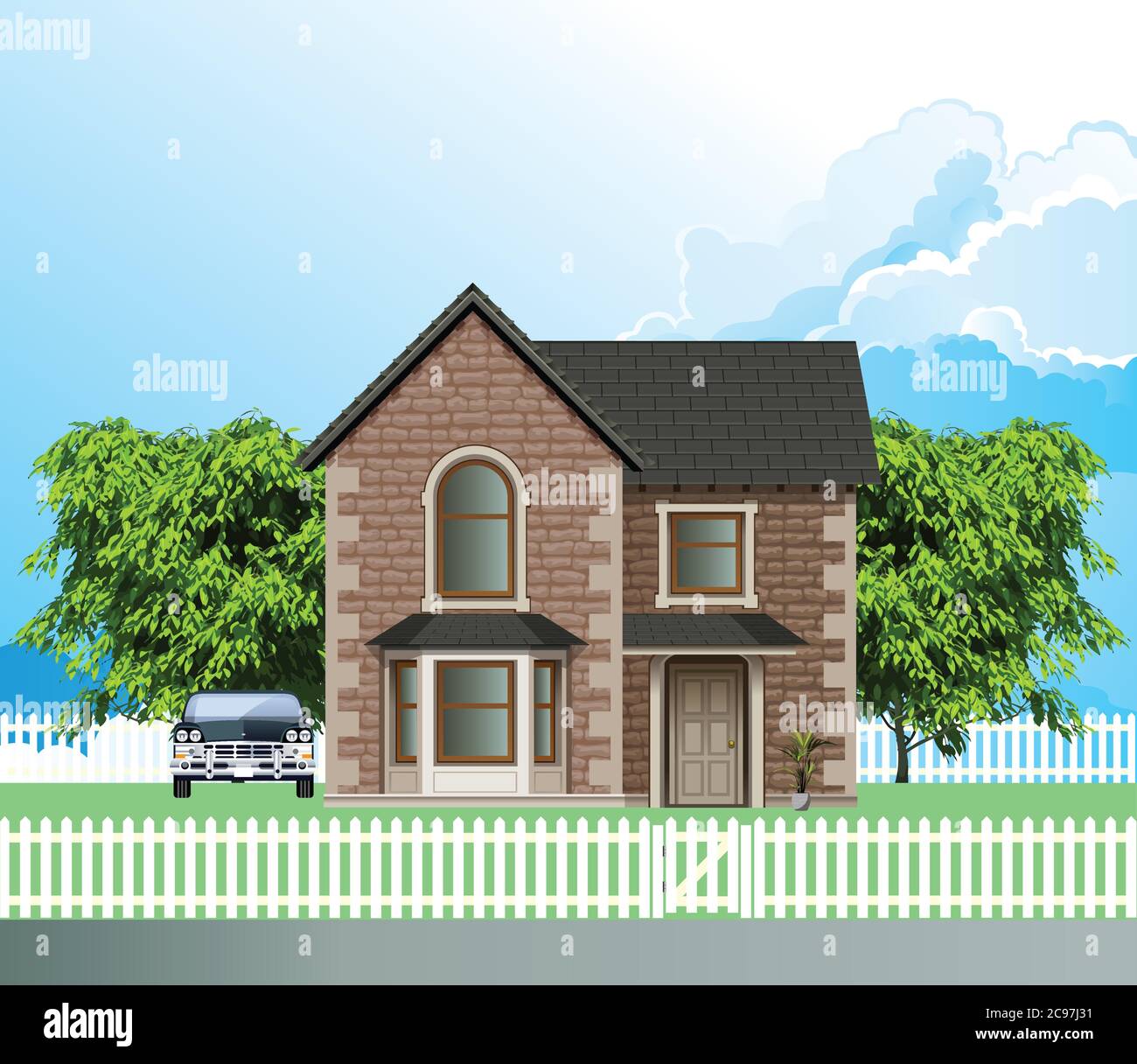 Detached residential house on a suburb street with white picket fence and gate set against a blue cloudy sky Stock Vector