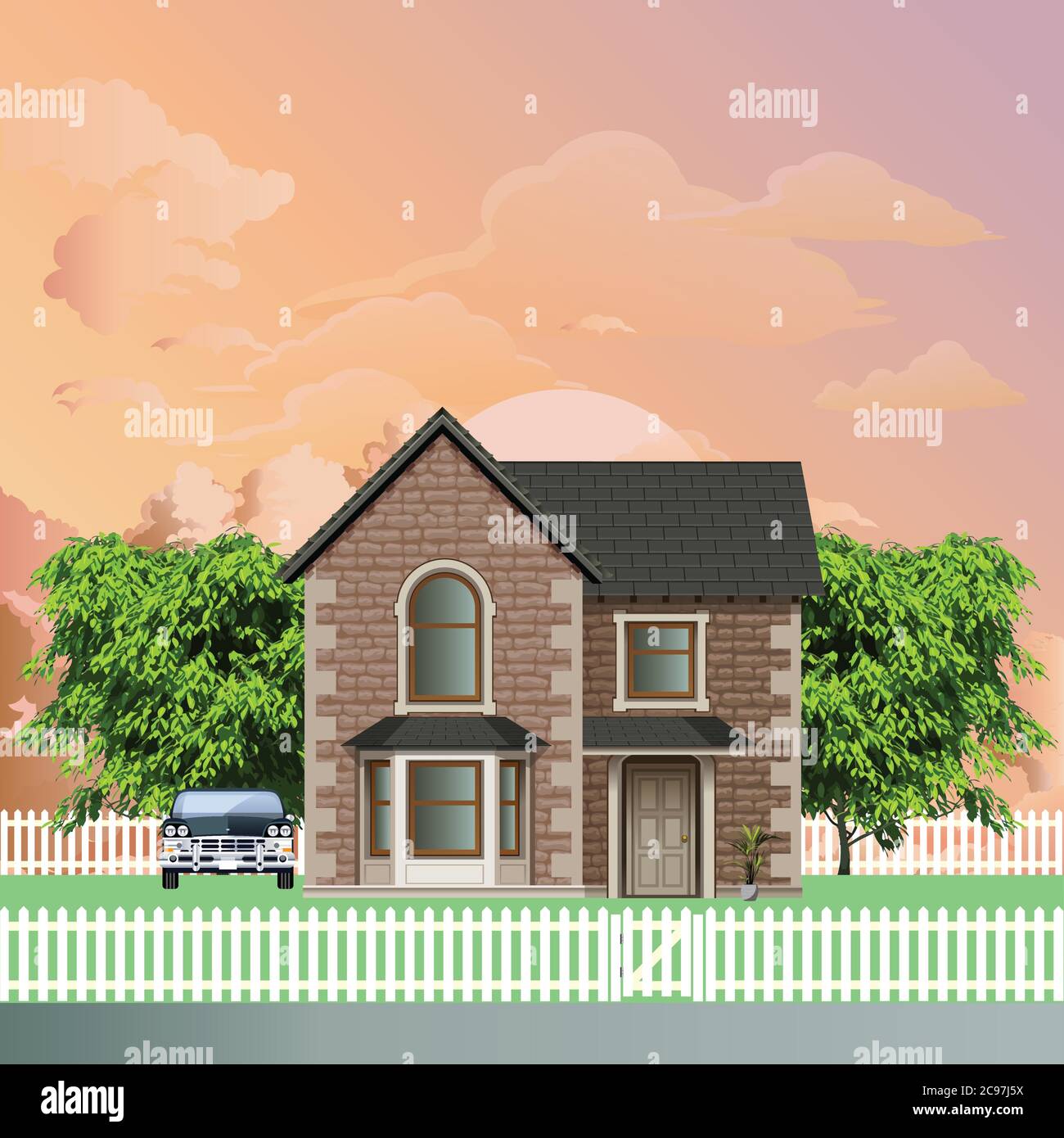 Detached residential house on a suburb street with white picket fence and gate set against a dawn or dusk sky Stock Vector