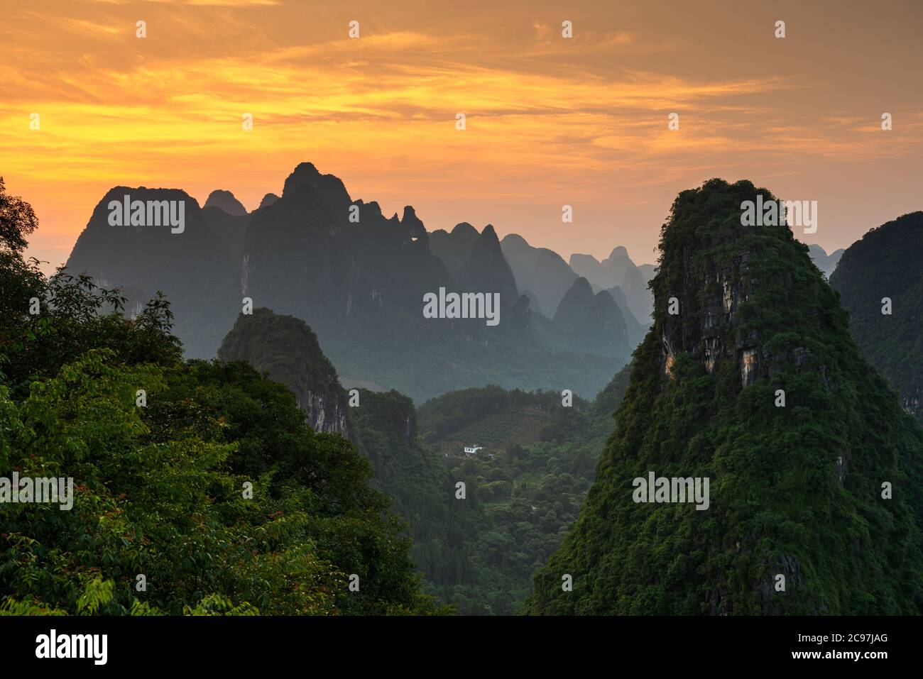Karst mountain landscape on the Li River in Xingping, Guangxi Province, China. Stock Photo