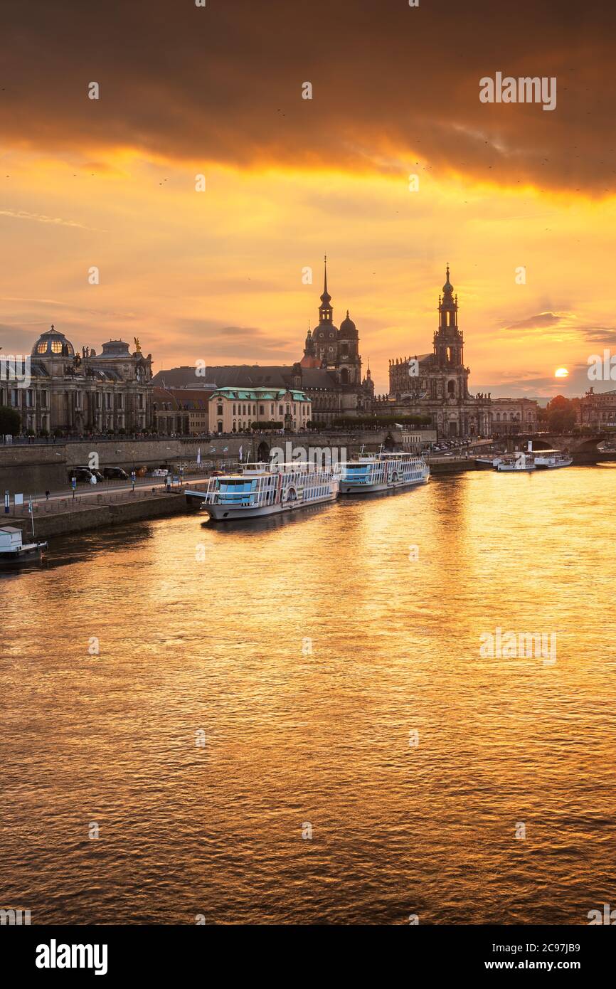 Dresden, Germany cityscape over the Elbe River at sunset. Stock Photo