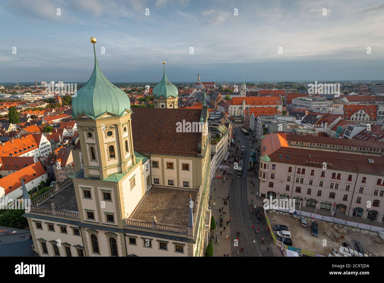 Augsburg, Germany city skyline with the old domes of the renaissance styled city hall building. Stock Photo