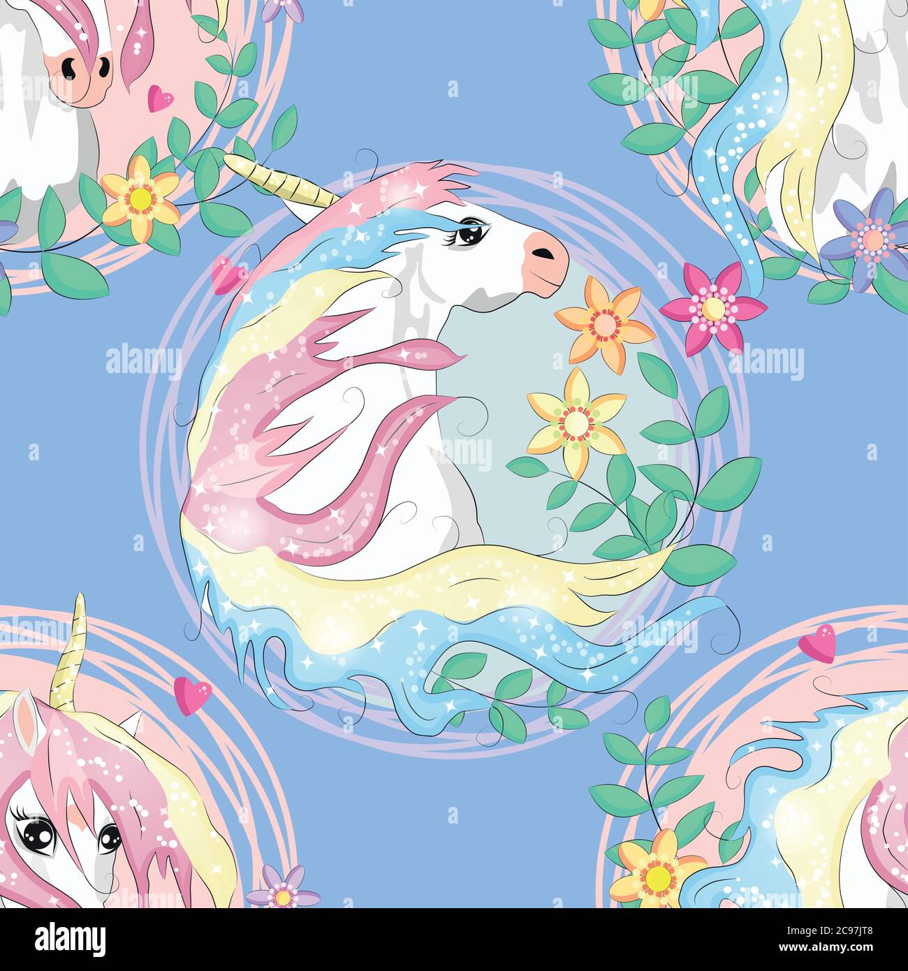 seamless pattern with cute unicorns, clouds,rainbow and stars. Magic ...