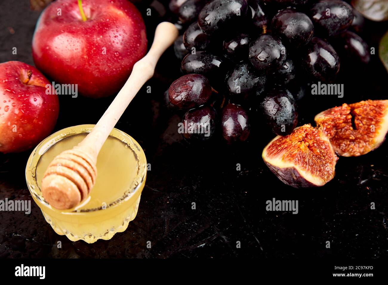 Autumn food still life with season fruits grape, red apples and figs ...