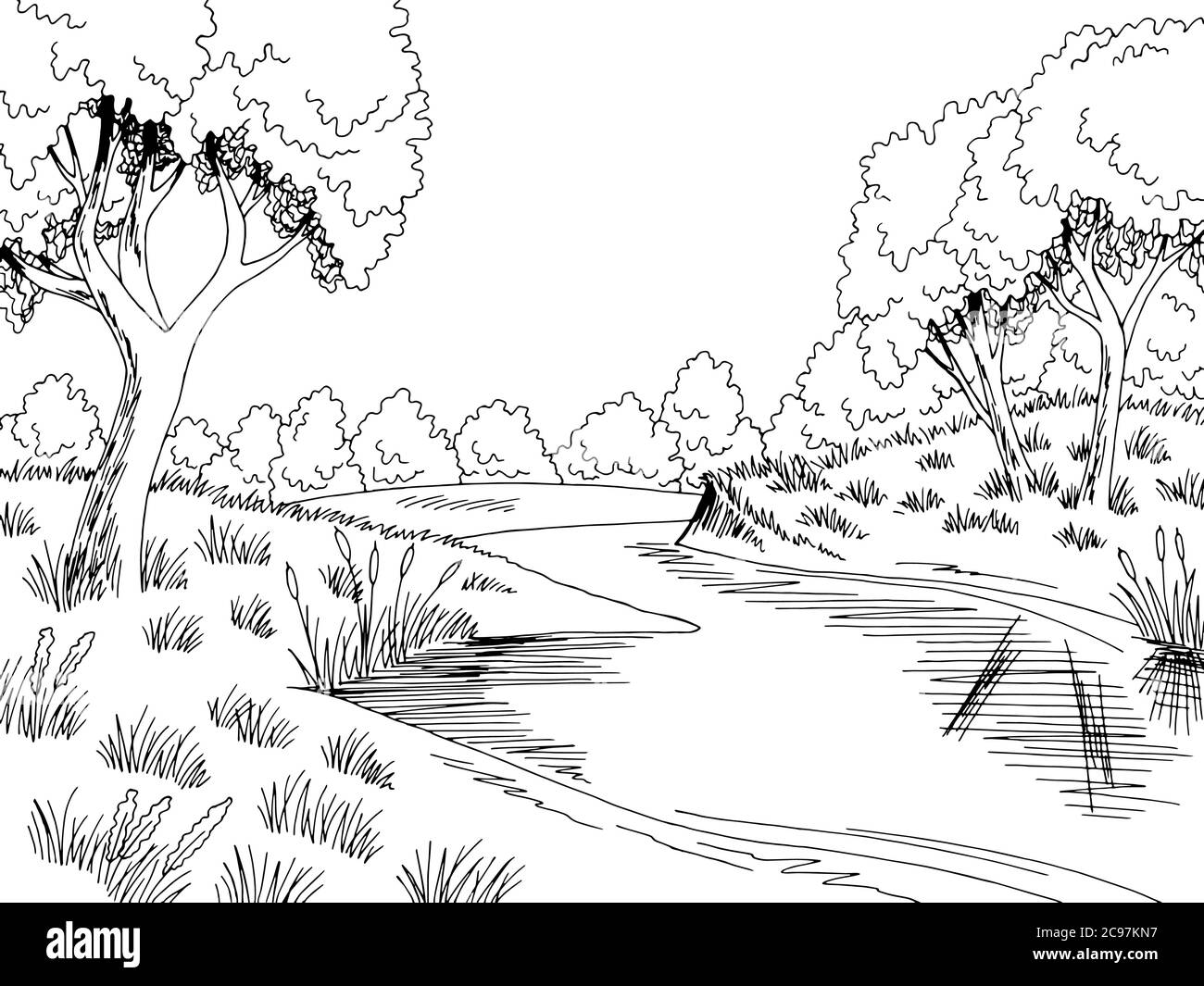 Forest River Graphic Black White Landscape Sketch Illustration Vector