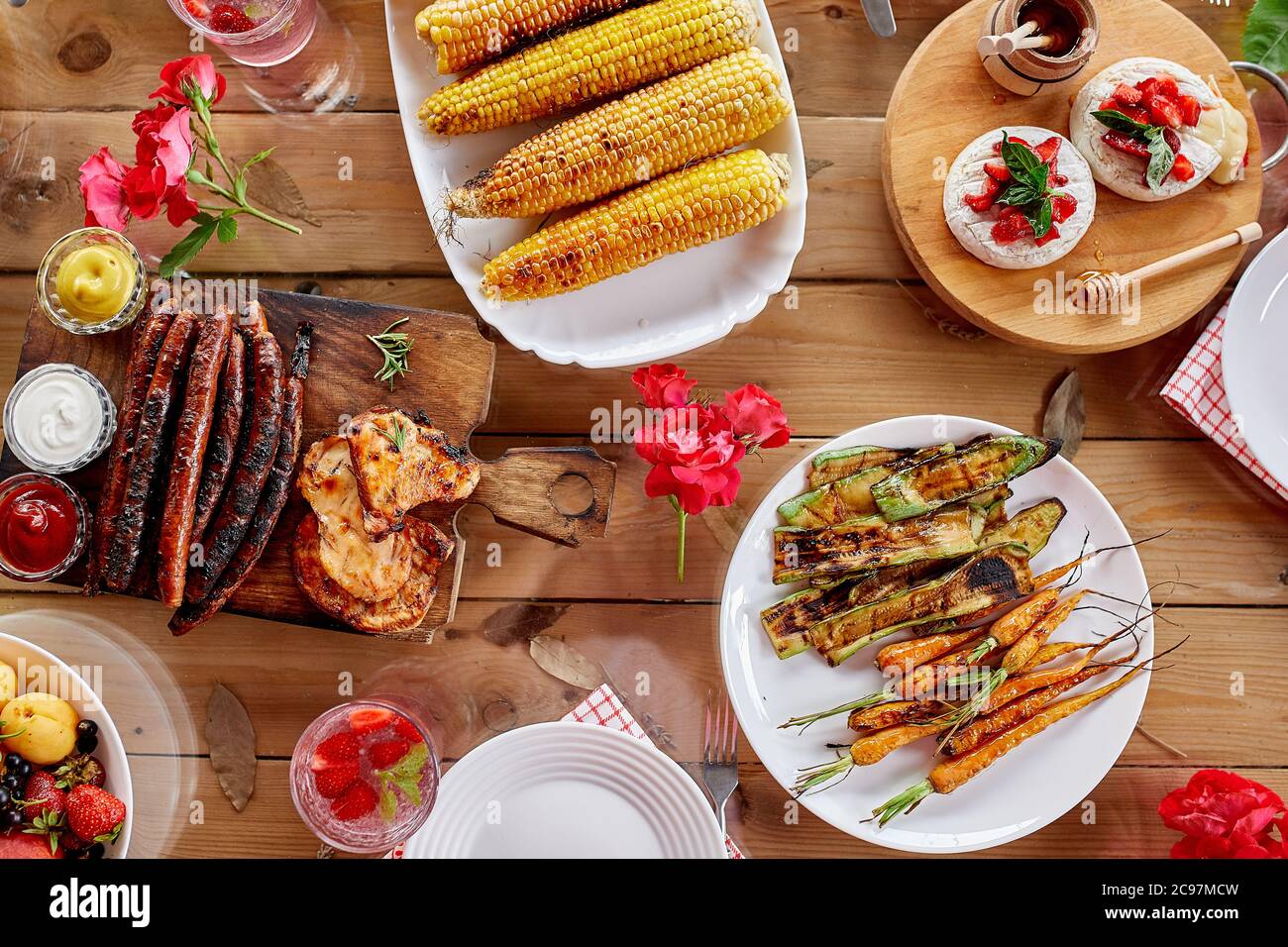 Dinner table, top view, family dinner or lunch, eating concept Stock