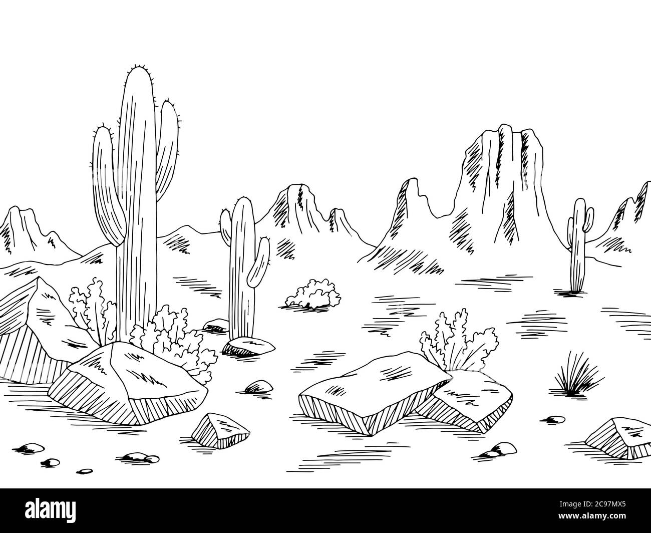 Prairie graphic black white desert landscape sketch illustration vector Stock Vector