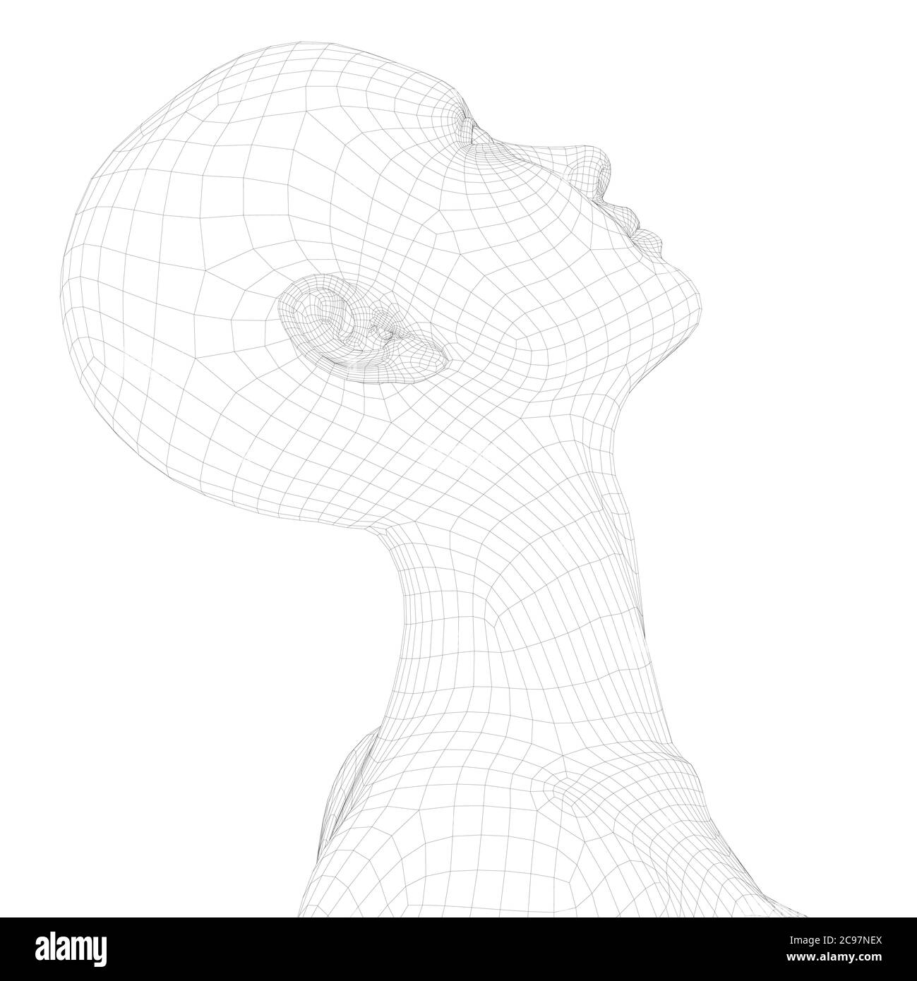 Wireframe of a girl with her head up. Side view. 3D. Vector