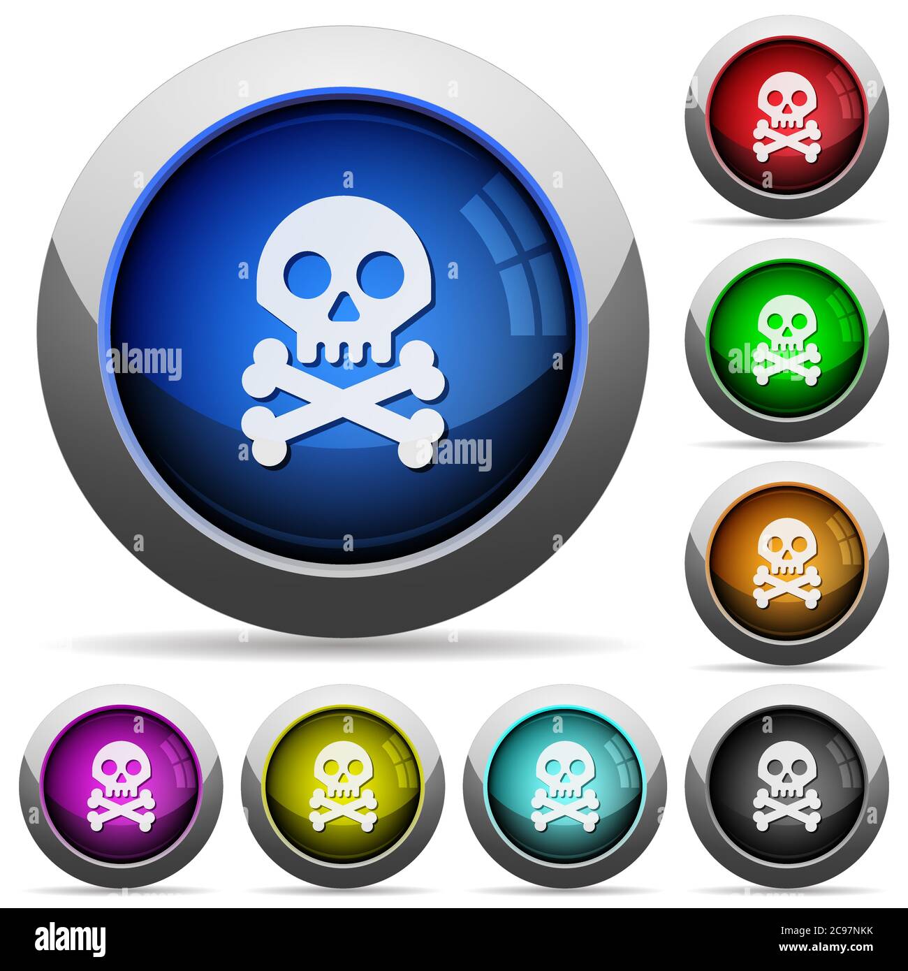 Skull with bones icons in round glossy buttons with steel frames Stock Vector