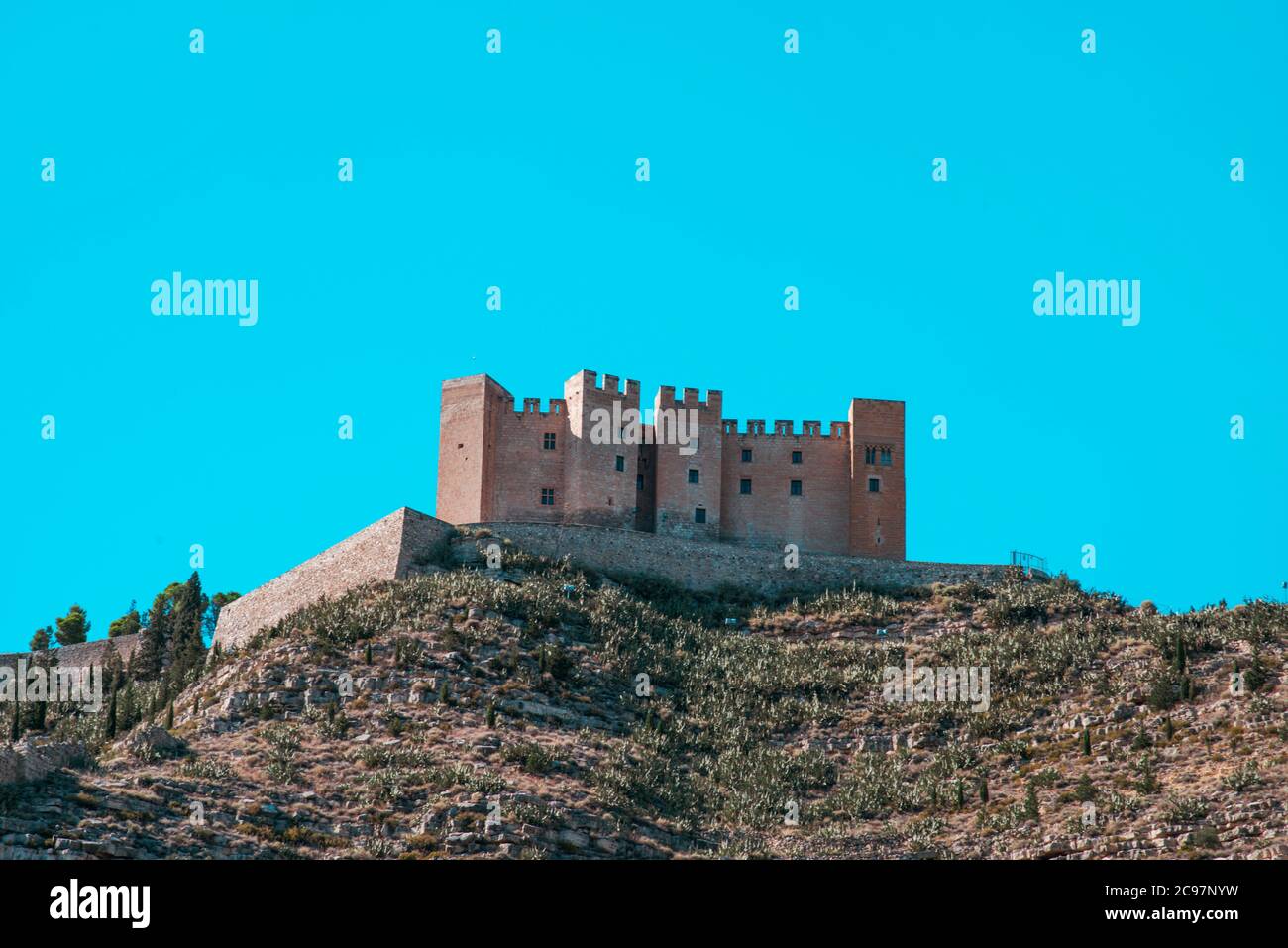 a view of the old Mequinenza castle, built on the top of a hill, in Mequinenza, Spain Stock Photo