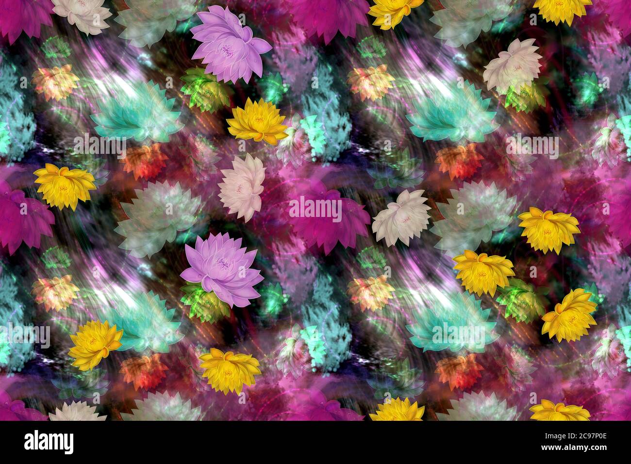 Seamless bright abstract background with water lilies. Digital art. Stock Photo