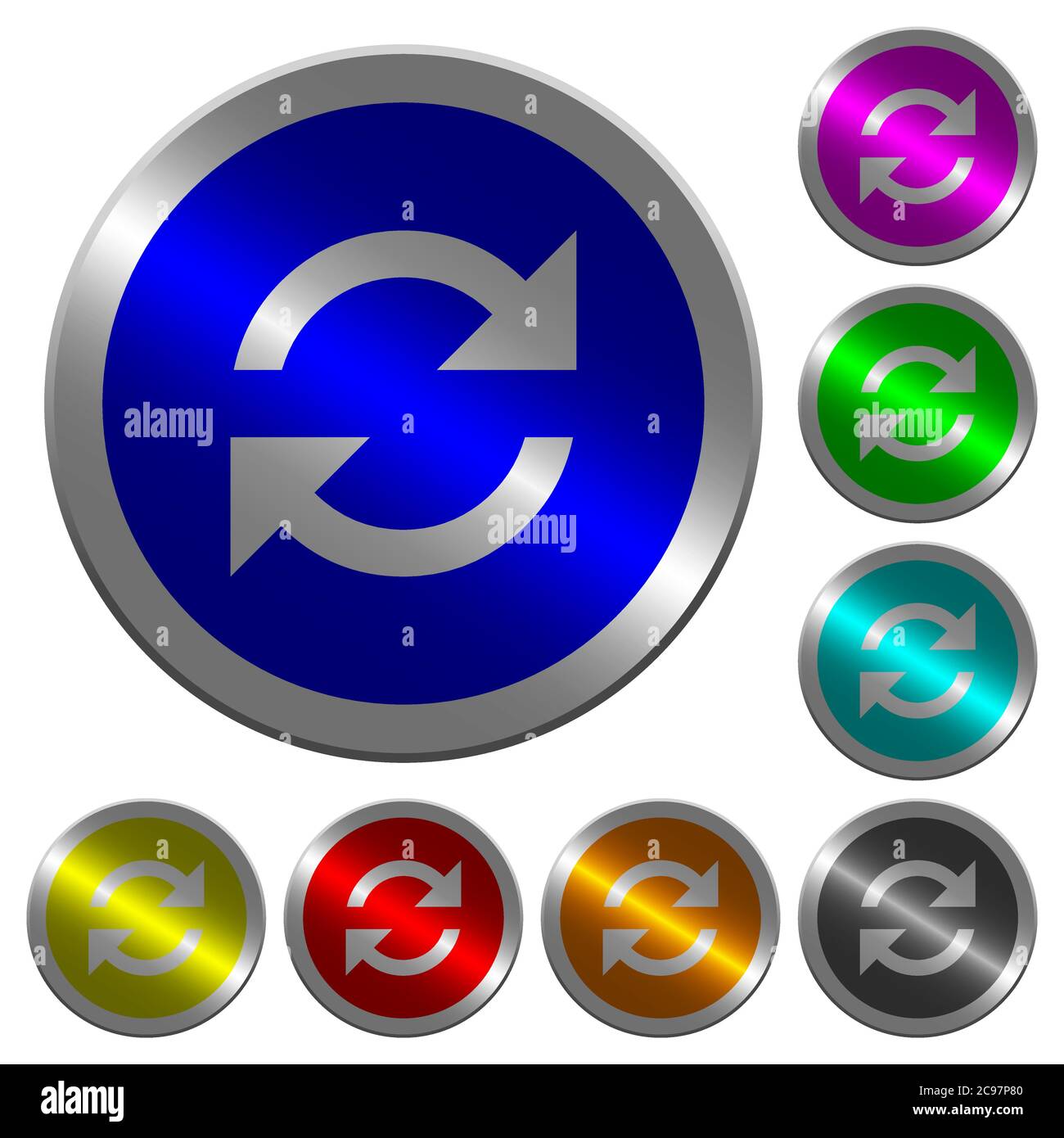 Refresh arrows icons on round luminous coin-like color steel buttons ...