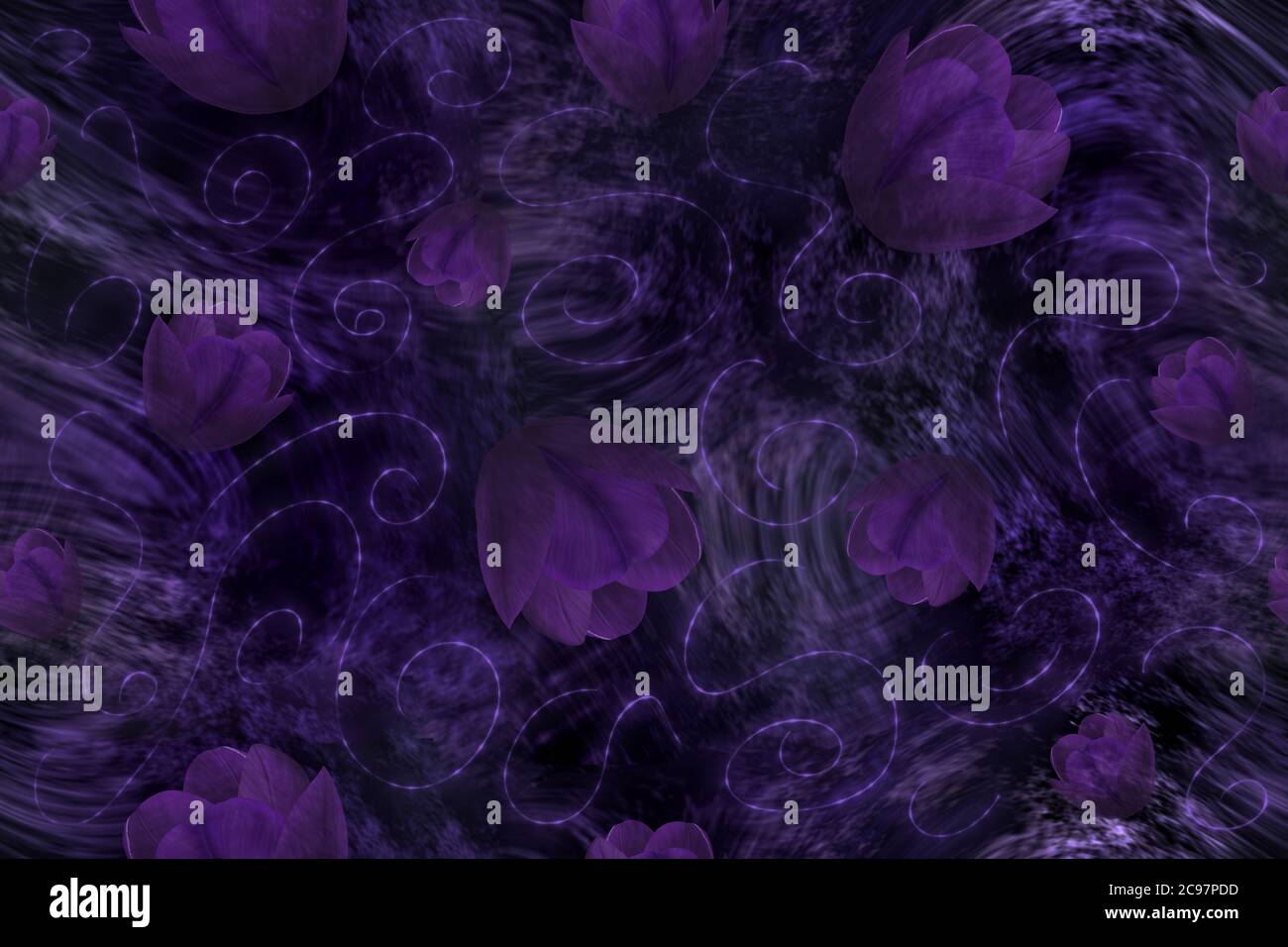 Seamless purple pattern with tulips. Digital art. Stock Photo
