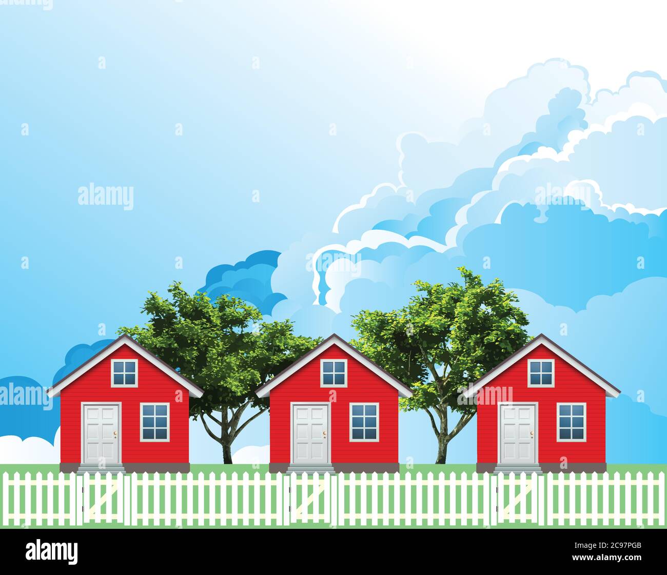 Row of detached residential houses on a suburb street with white picket fence and gate set against a blue cloudy sky Stock Vector