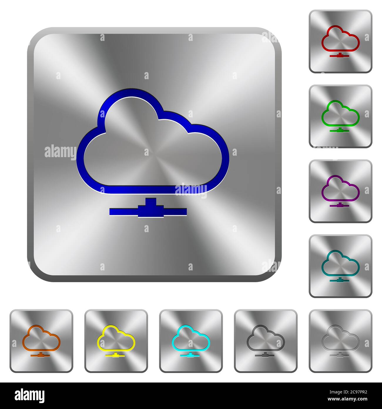 Cloud network engraved icons on rounded square glossy steel buttons Stock Vector