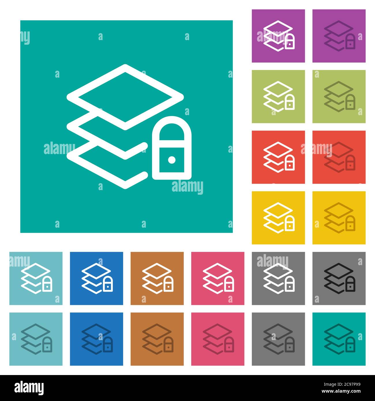 Locked layers multi colored flat icons on plain square backgrounds. Included white and darker icon variations for hover or active effects. Stock Vector