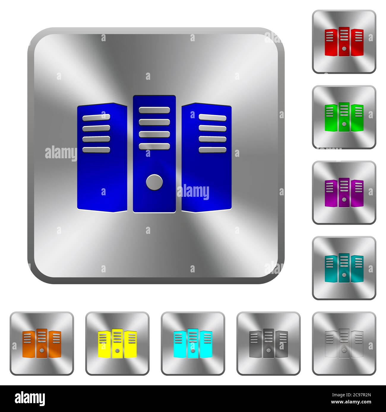 Server hosting engraved icons on rounded square glossy steel buttons Stock Vector