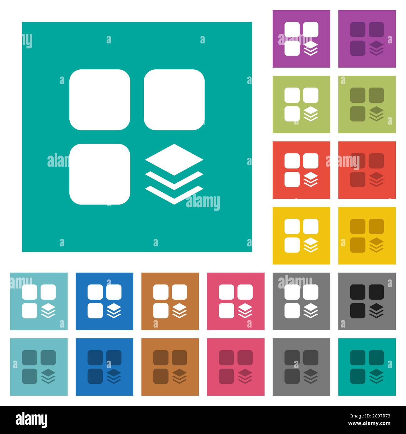 Multiple components multi colored flat icons on plain square backgrounds. Included white and darker icon variations for hover or active effects. Stock Vector