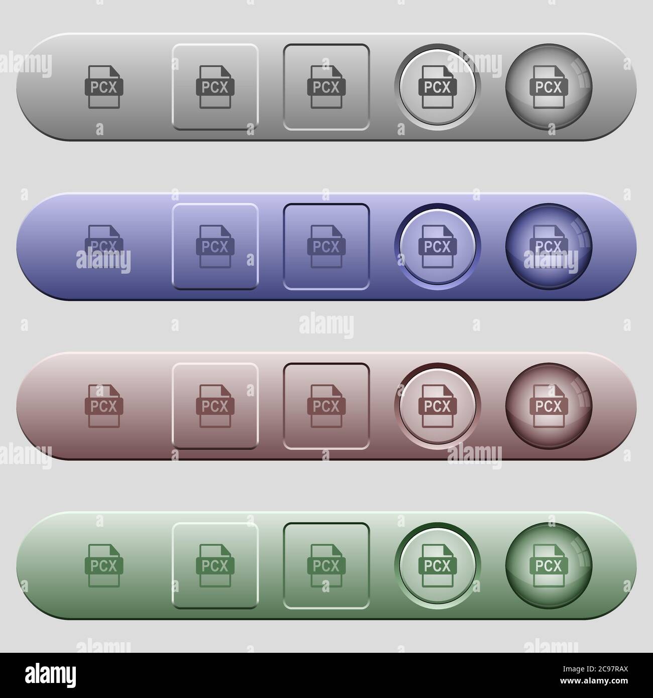 PCX file format icons on rounded horizontal menu bars in different colors and button styles Stock Vector