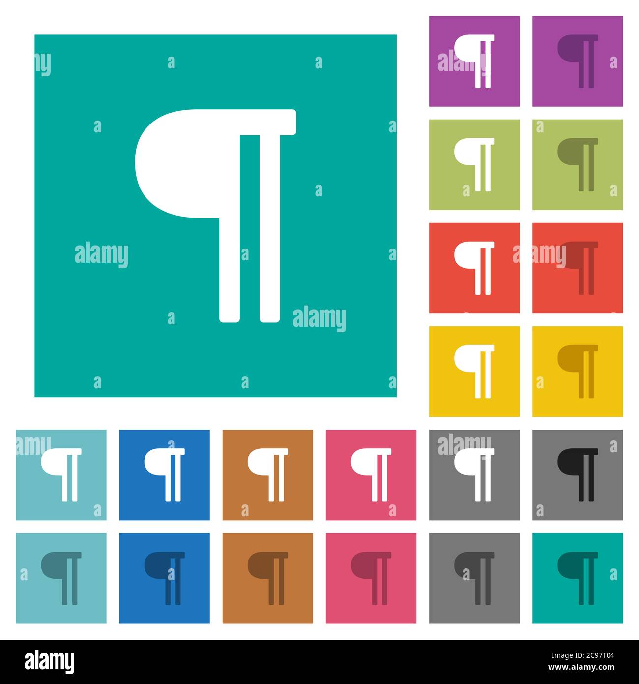 Text paragraph multi colored flat icons on plain square backgrounds. Included white and darker icon variations for hover or active effects. Stock Vector