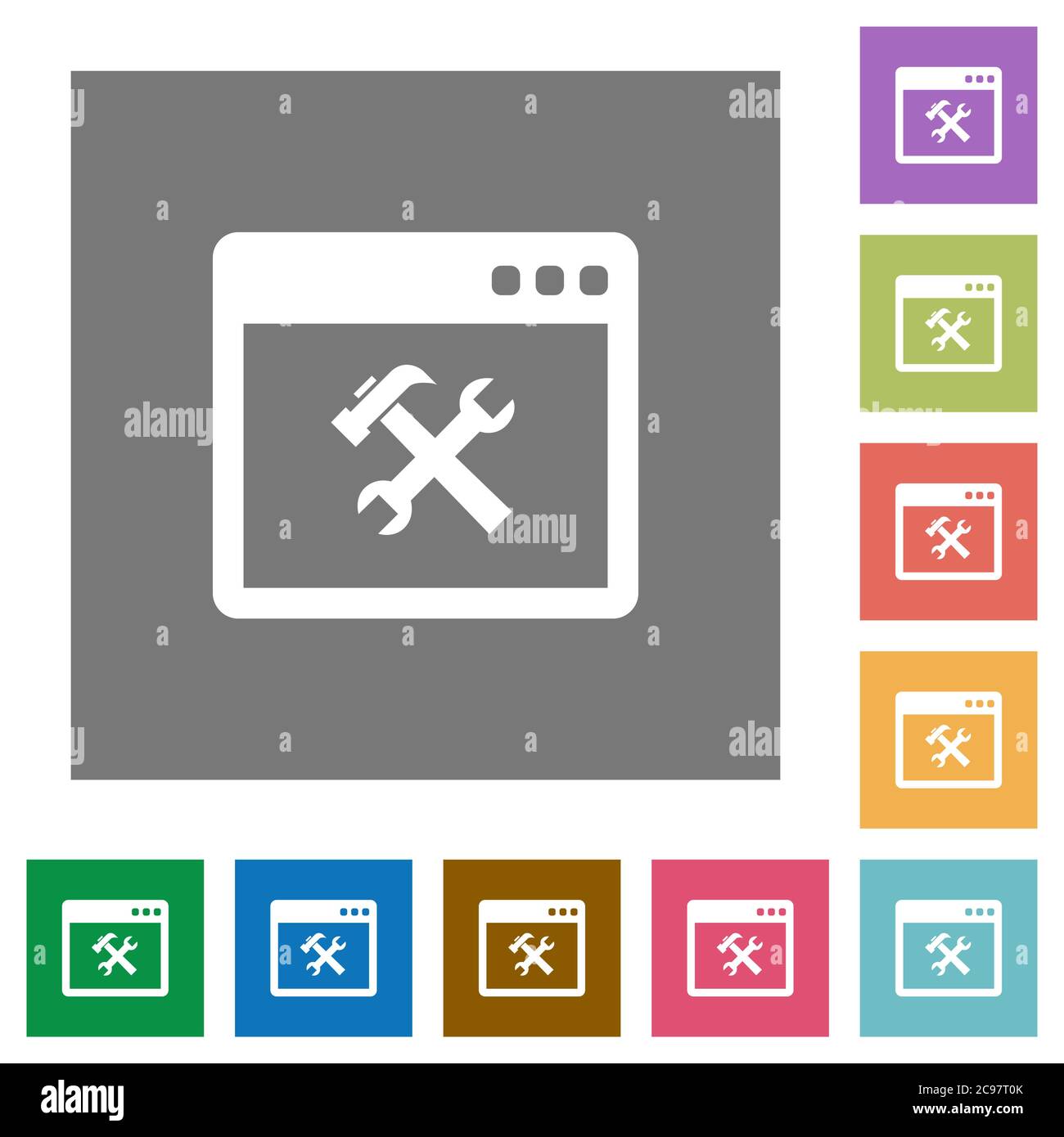 Application tools flat icons on simple color square backgrounds Stock Vector