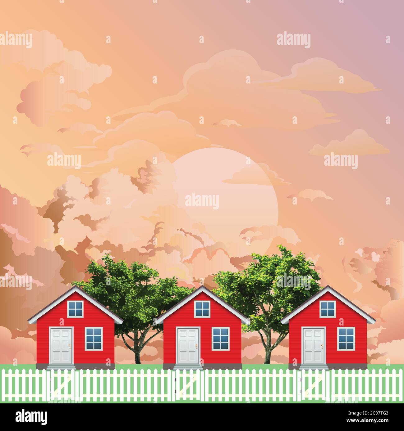Row of detached residential houses on a suburb street with white picket fence and gate set against a stunning dawn or dusk sky Stock Vector
