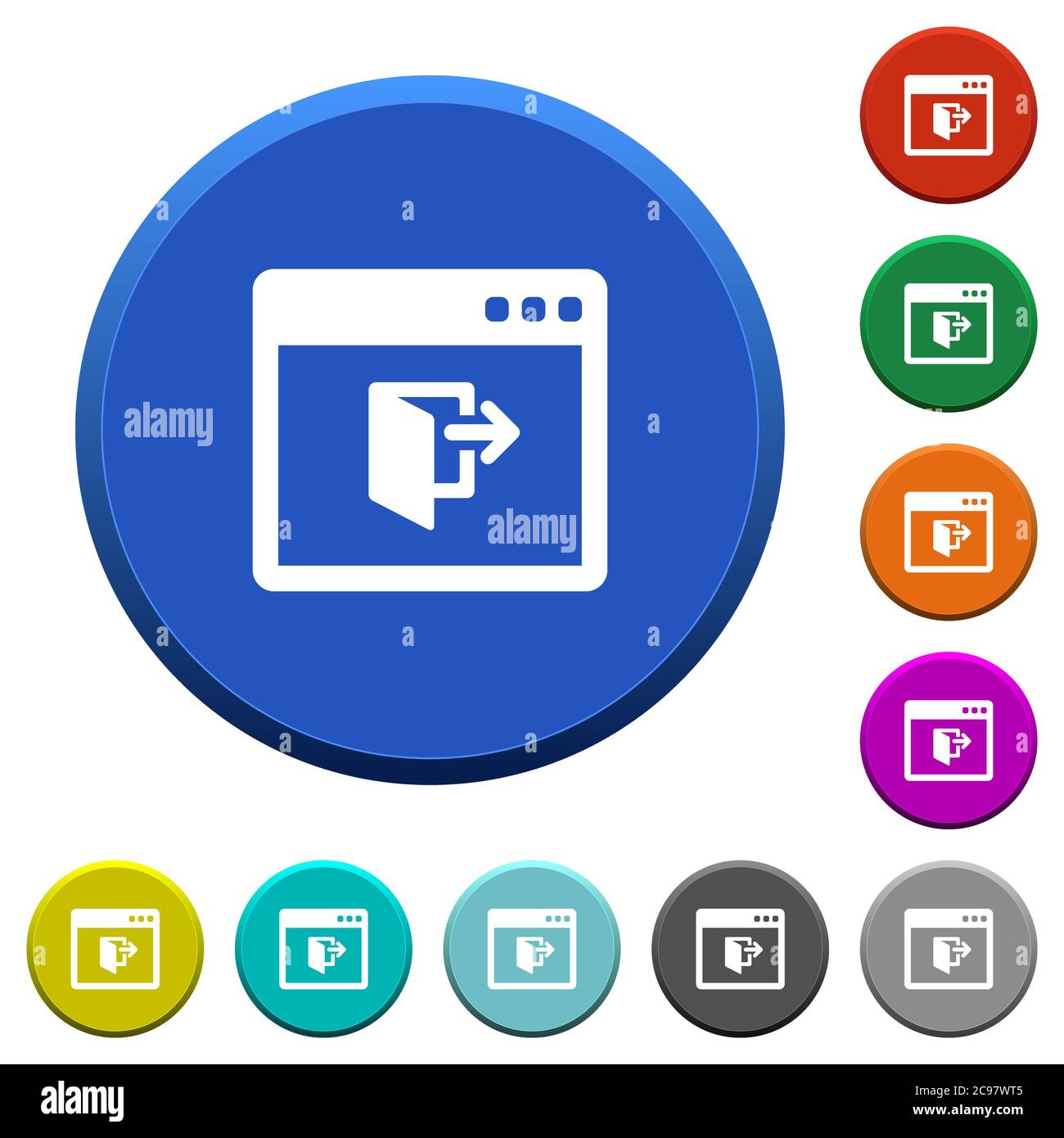 Application exit round color beveled buttons with smooth surfaces and flat white icons Stock Vector
