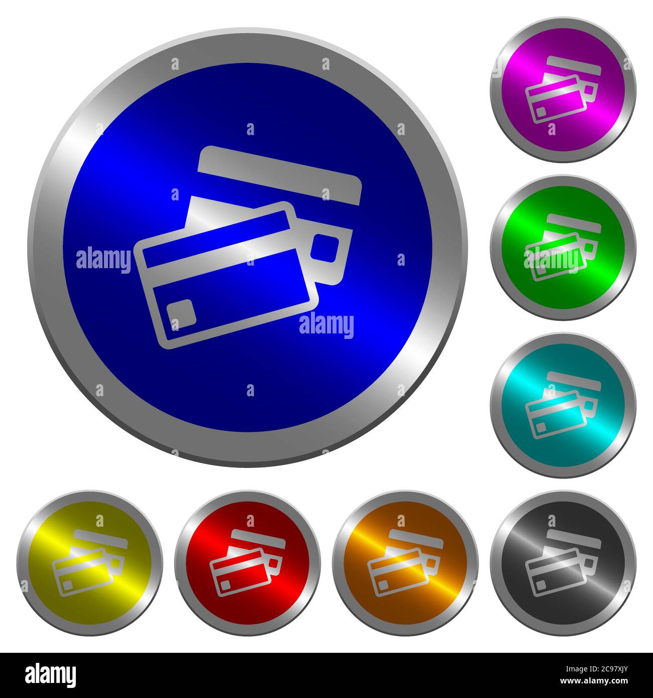 Credit cards icons on round luminous coin-like color steel buttons ...