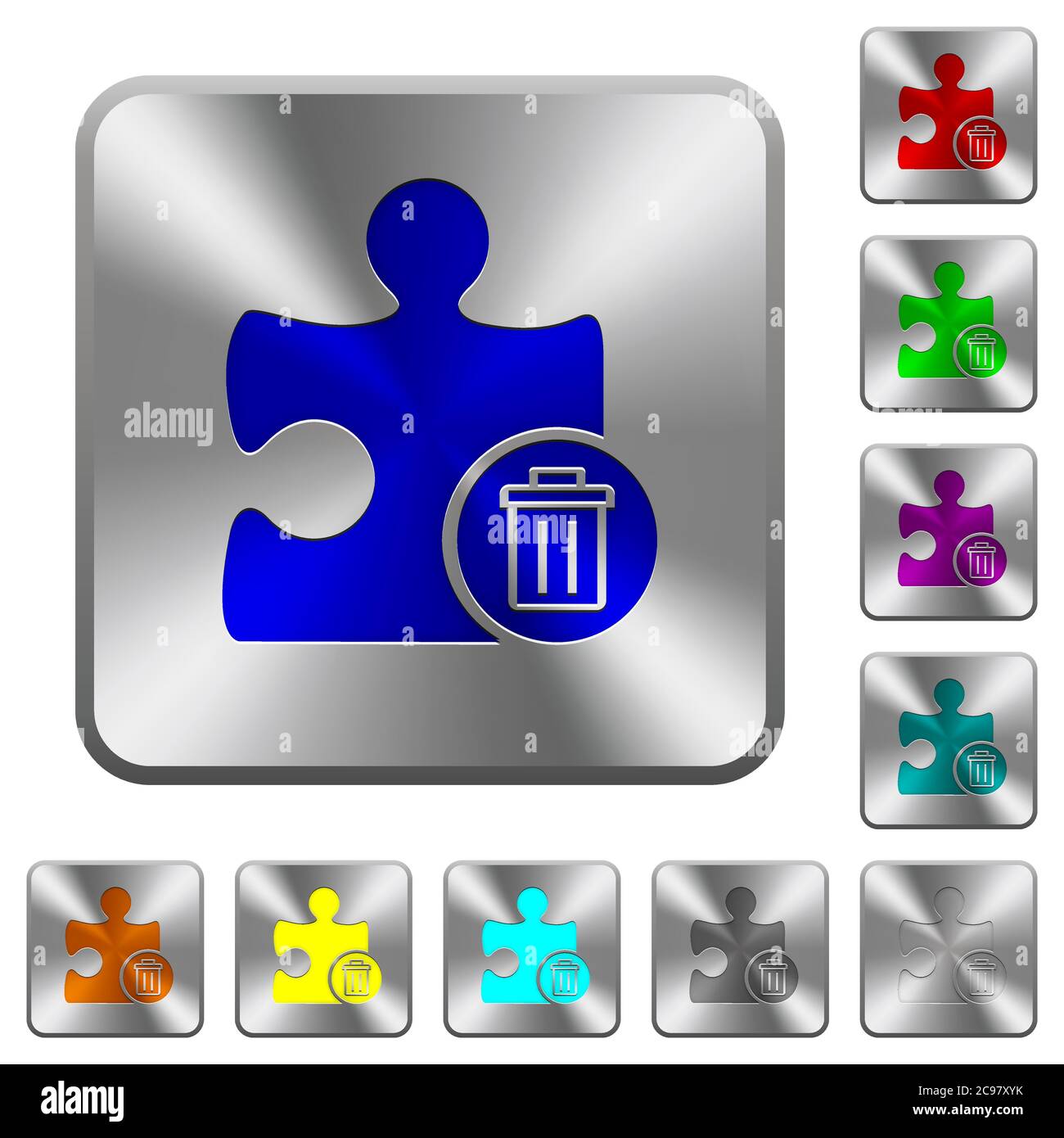 Delete plugin engraved icons on rounded square glossy steel buttons Stock Vector
