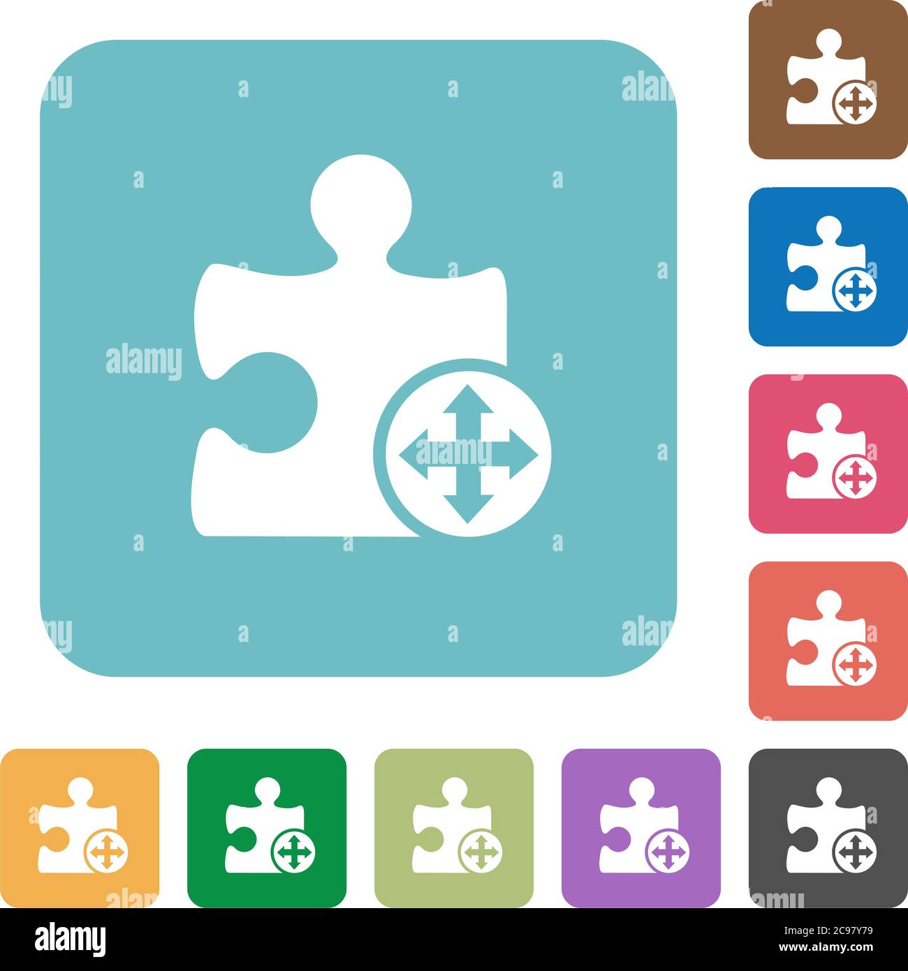 Move plugin white flat icons on color rounded square backgrounds Stock Vector