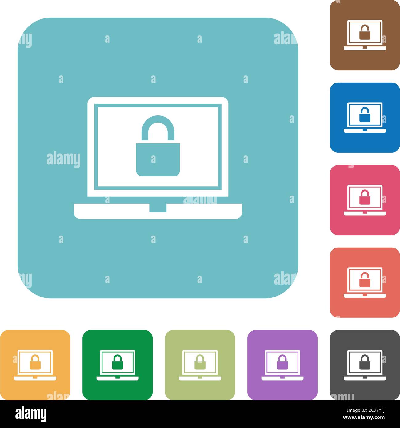 Locked laptop white flat icons on color rounded square backgrounds ...