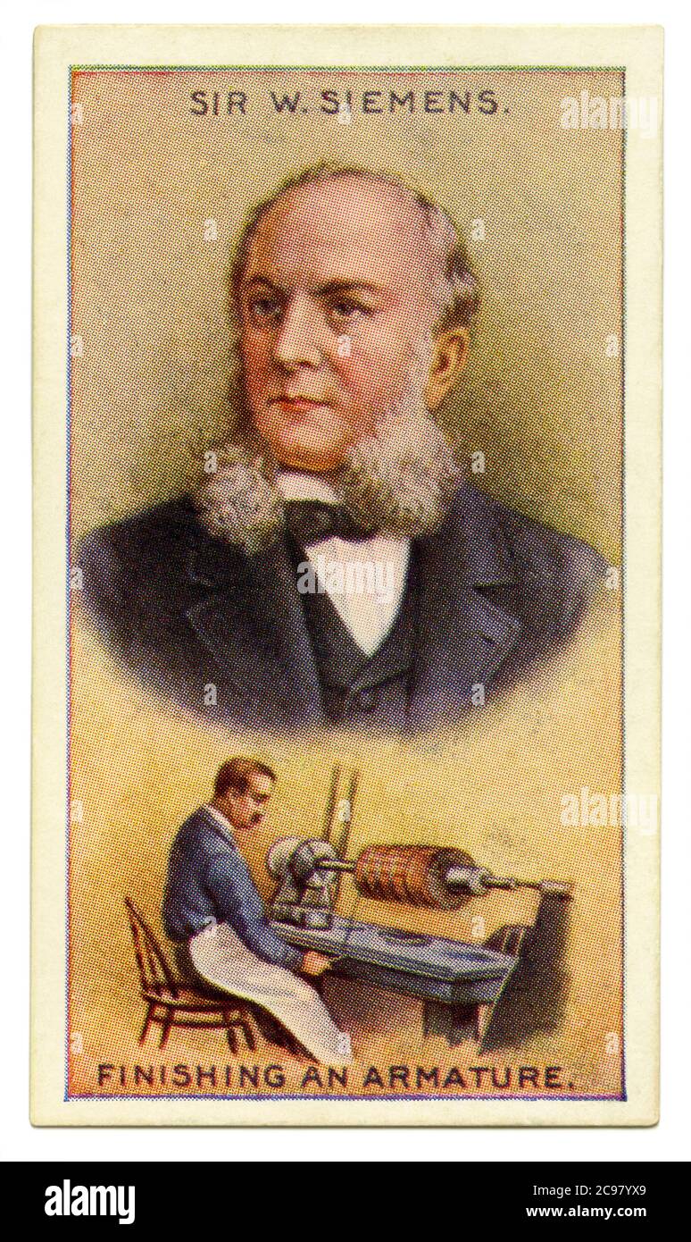 An old cigarette card (c. 1929) with a portrait of Ernst Werner Siemens (von Siemens from 1888, 1816–1892) and an illustration of his armature. Siemens was a German electrical engineer, inventor and industrialist. He recognised the potential of the dynamo-electric principle and its practical application. The dynamo machine that his company developed using the 'Siemens armature' helped to put electricity to use first in lighting. An economical way to turn mechanical energy into electrical energy, it marked the beginning of the electrification of the world. Stock Photo