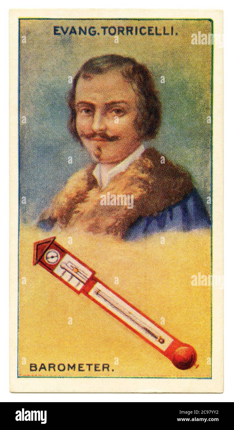 An old cigarette card (c. 1929) with a portrait of Evangelista Torricelli (1608– 1647) and an illustration of a barometer. Torricelli  was an Italian physicist and mathematician, and a student of Galileo. He is best known for his invention of the barometer. In 1643, Torricelli filled a meter-long tube (with one end sealed off) with mercury. Holding it vertically into a basin of the liquid metal, the column of mercury fell leaving a 'Torricellian vacuum' above. This work was the foundation for the concept of atmospheric pressure. The barometer was to have a key role in weather forecasting. Stock Photo