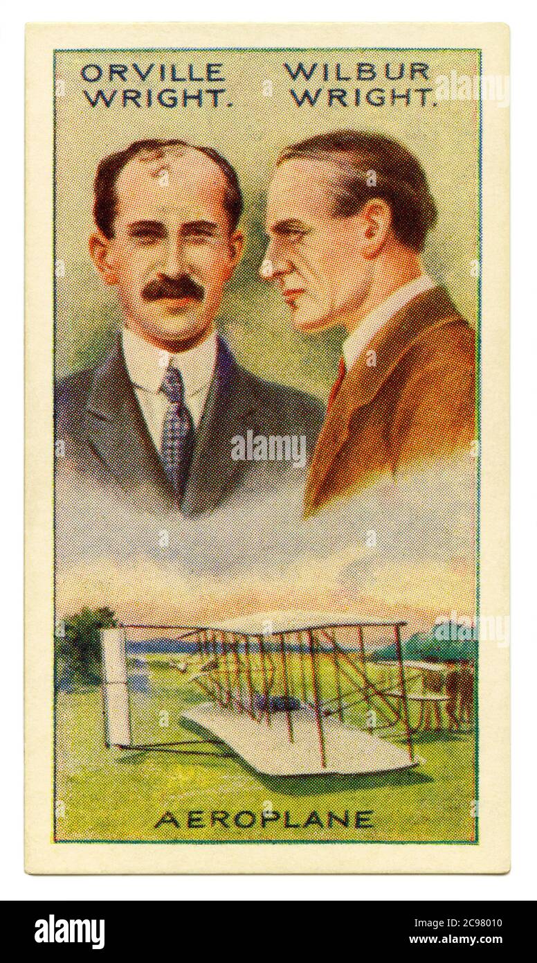 An old cigarette card (c. 1929) with a portrait of the Wright brothers – Orville (1871–1948) and Wilbur (1867–1912) and an illustration of their first aeroplane, the 'Wright Flyer'. The brothers were two American aviation pioneers generally credited with inventing, building, and flying the world's first successful motor-operated airplane. They made the first controlled, sustained flight of a powered, heavier-than-air aircraft with the 'Wright Flyer' on December 17, 1903, near Kitty Hawk, North Carolina, USA. Stock Photo