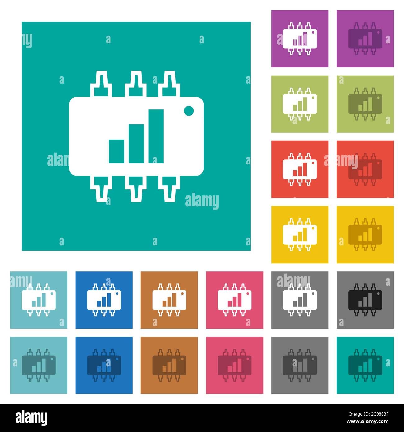 Hardware acceleration multi colored flat icons on plain square backgrounds. Included white and darker icon variations for hover or active effects. Stock Vector