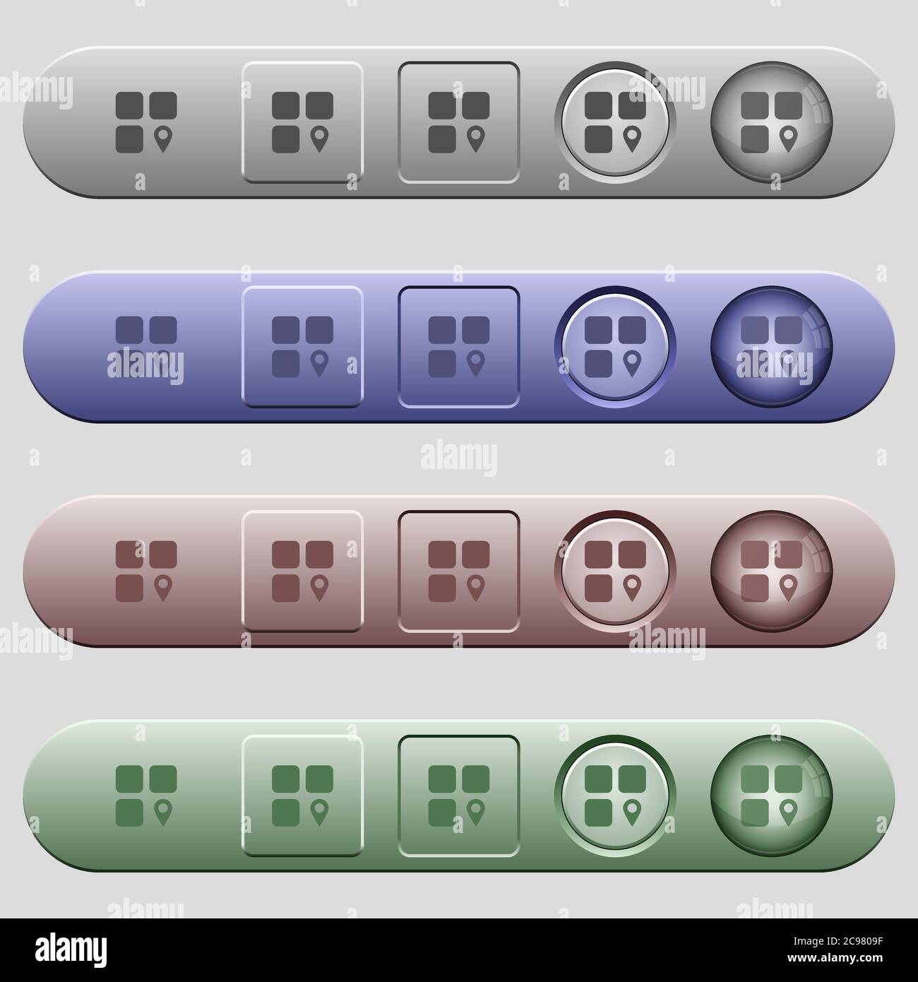 Component location icons on rounded horizontal menu bars in different colors and button styles Stock Vector