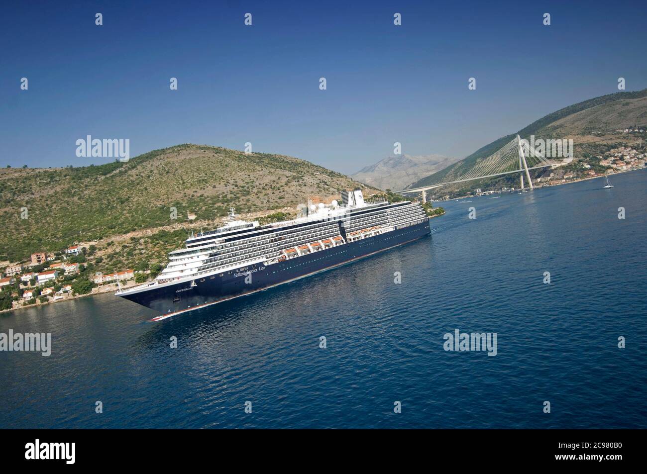 The MS Oosterdam, Holland America Line Vista class cruise ship leaving the port of Dubrovnik in Southern Croatia. Stock Photo