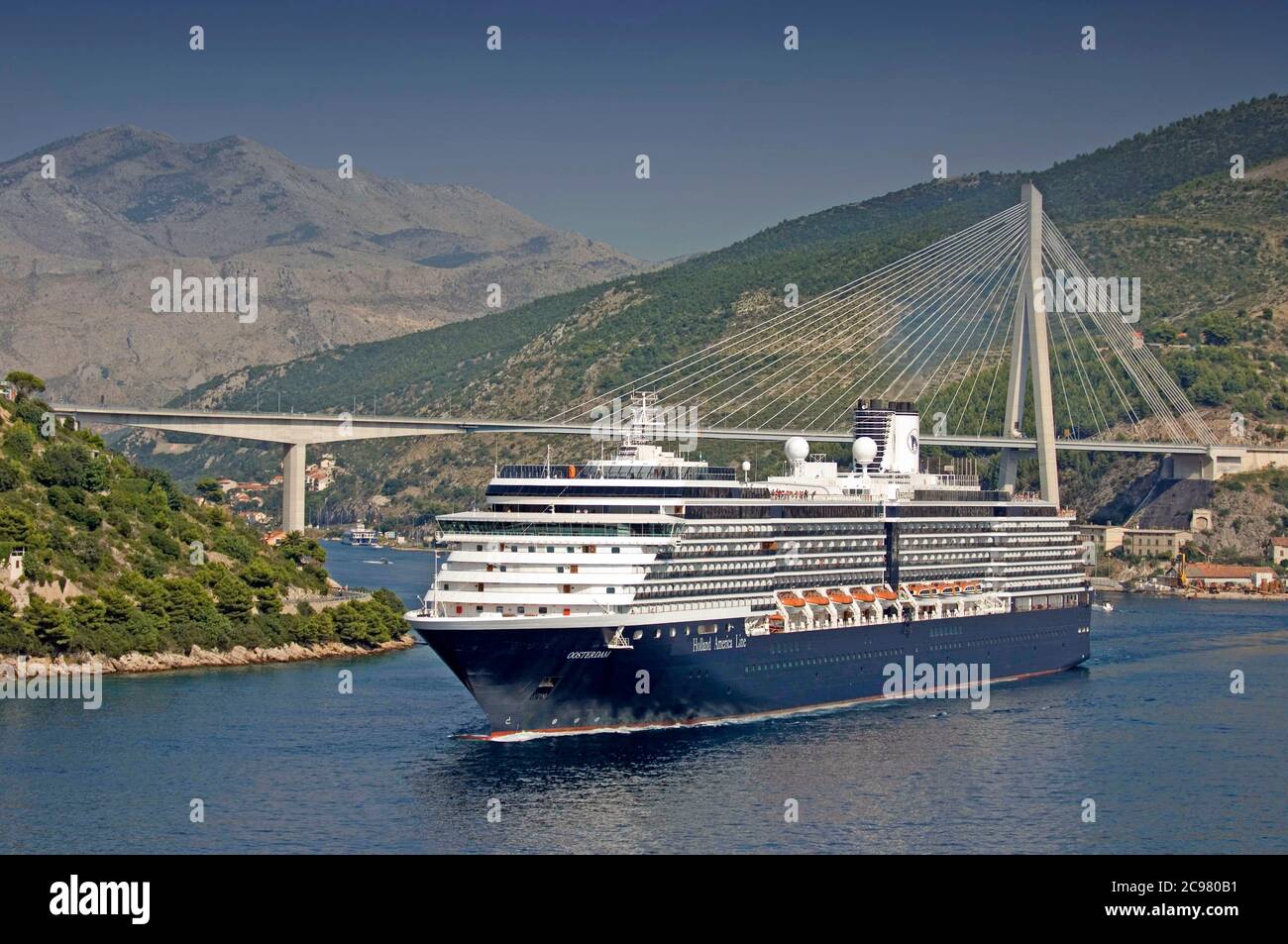 The MS Oosterdam, Holland America Line Vista class cruise ship leaving the port of Dubrovnik in Southern Croatia. Stock Photo