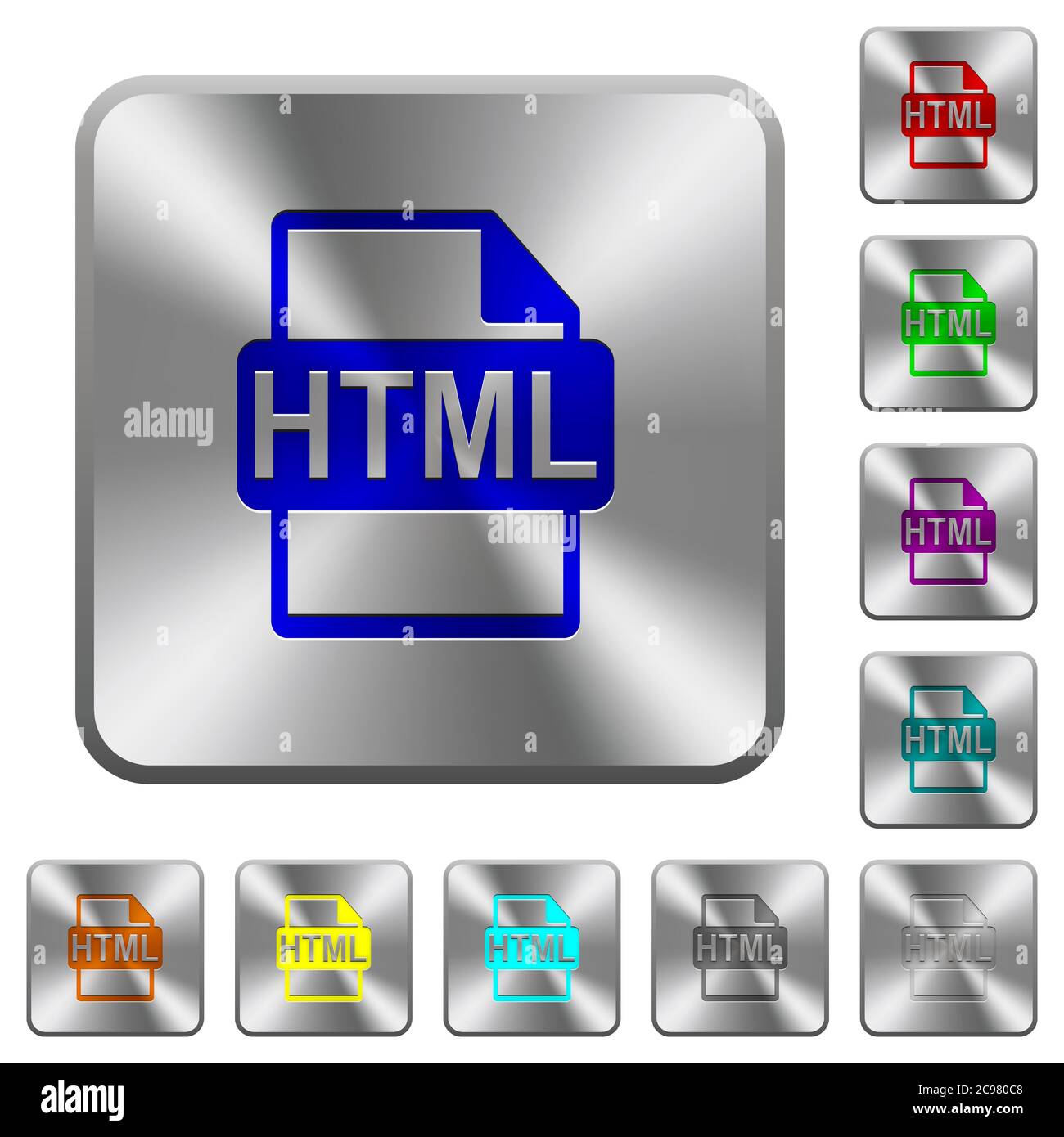 HTML file format engraved icons on rounded square glossy steel buttons Stock Vector