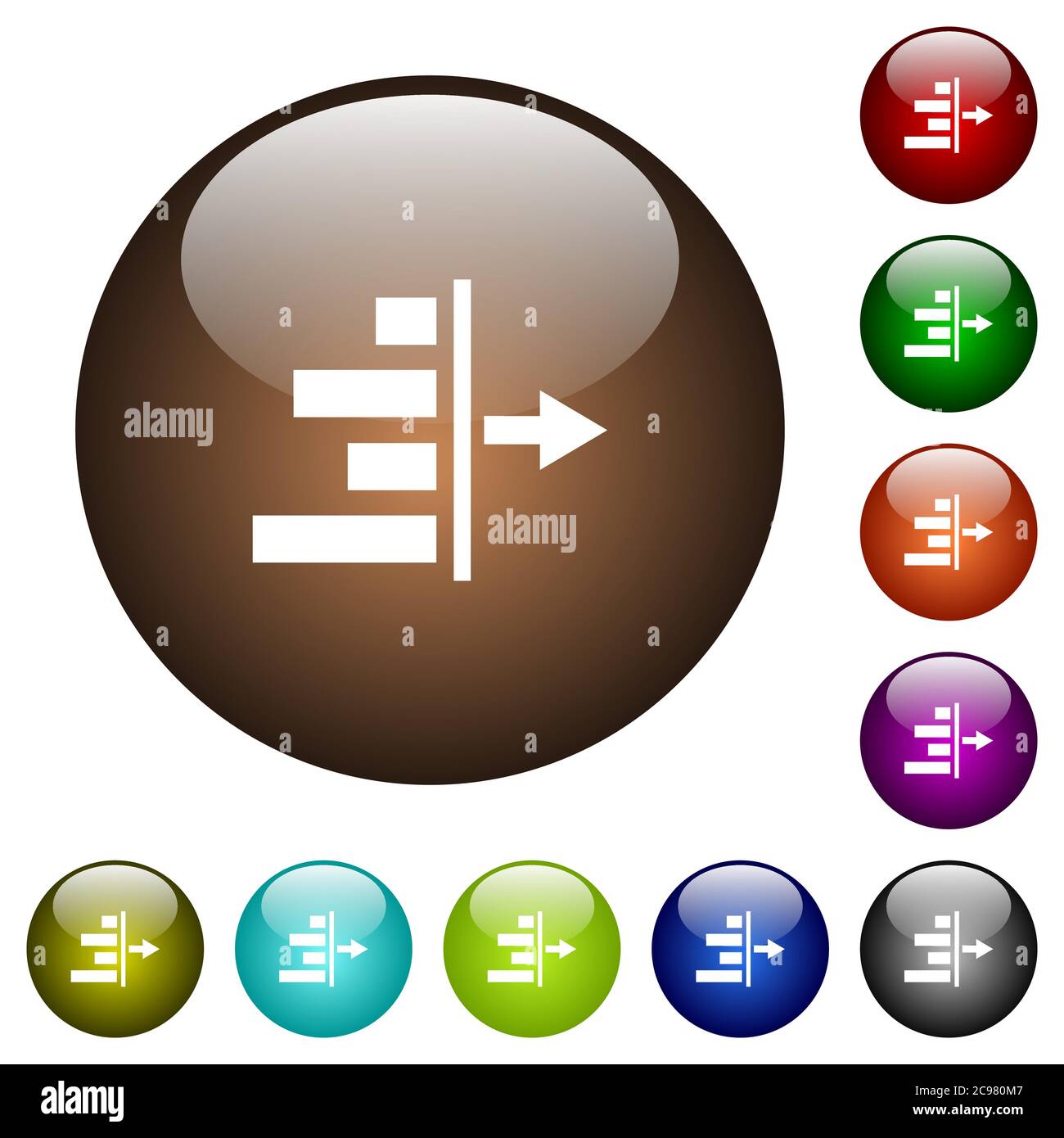Decrease right indentation of content white icons on round color glass buttons Stock Vector